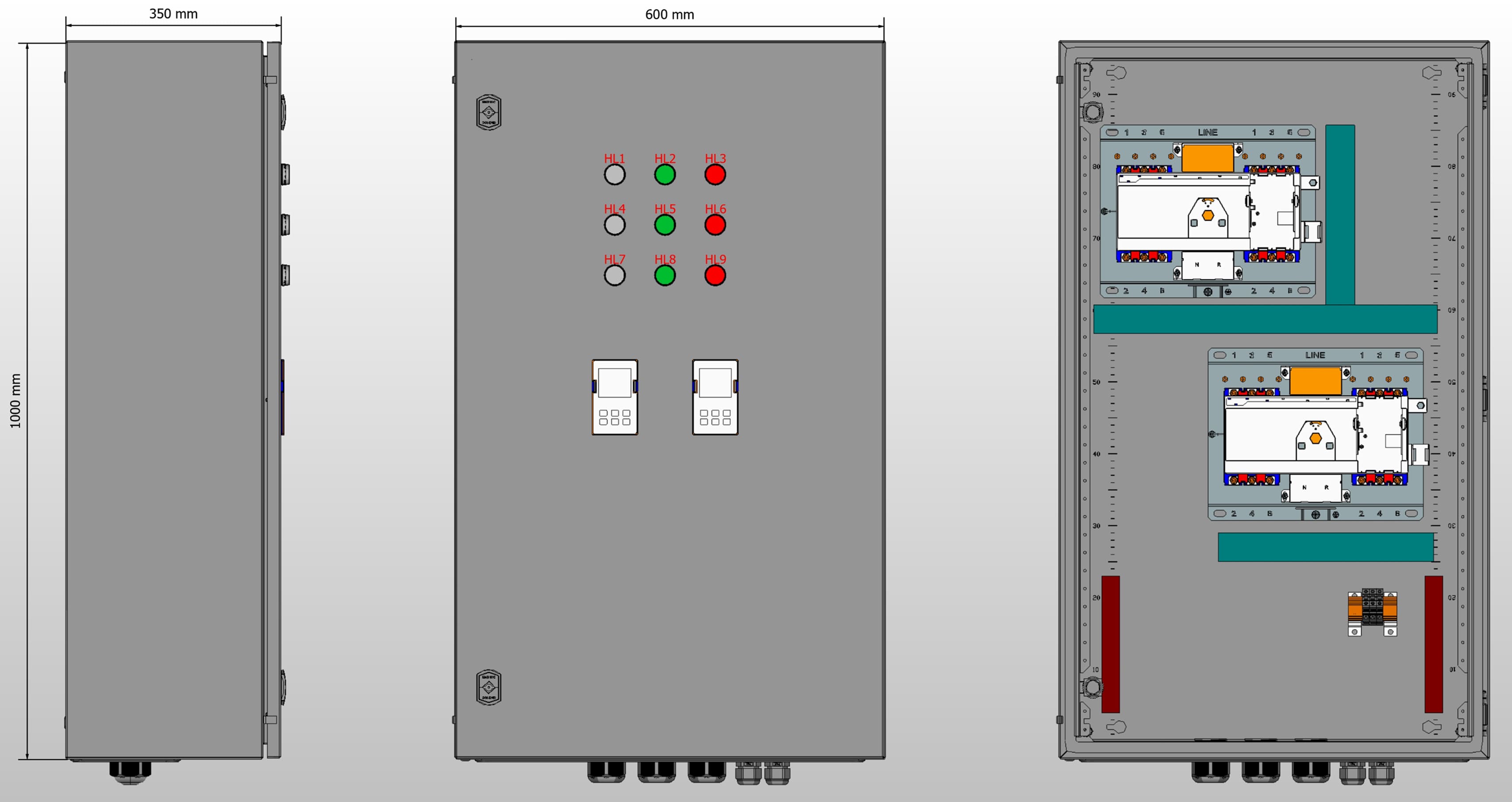 Габариты шкафа АВР на 40А, на двух моноблоках АВР HATS7 3P 40A 25kA Andeli с 3 вводами