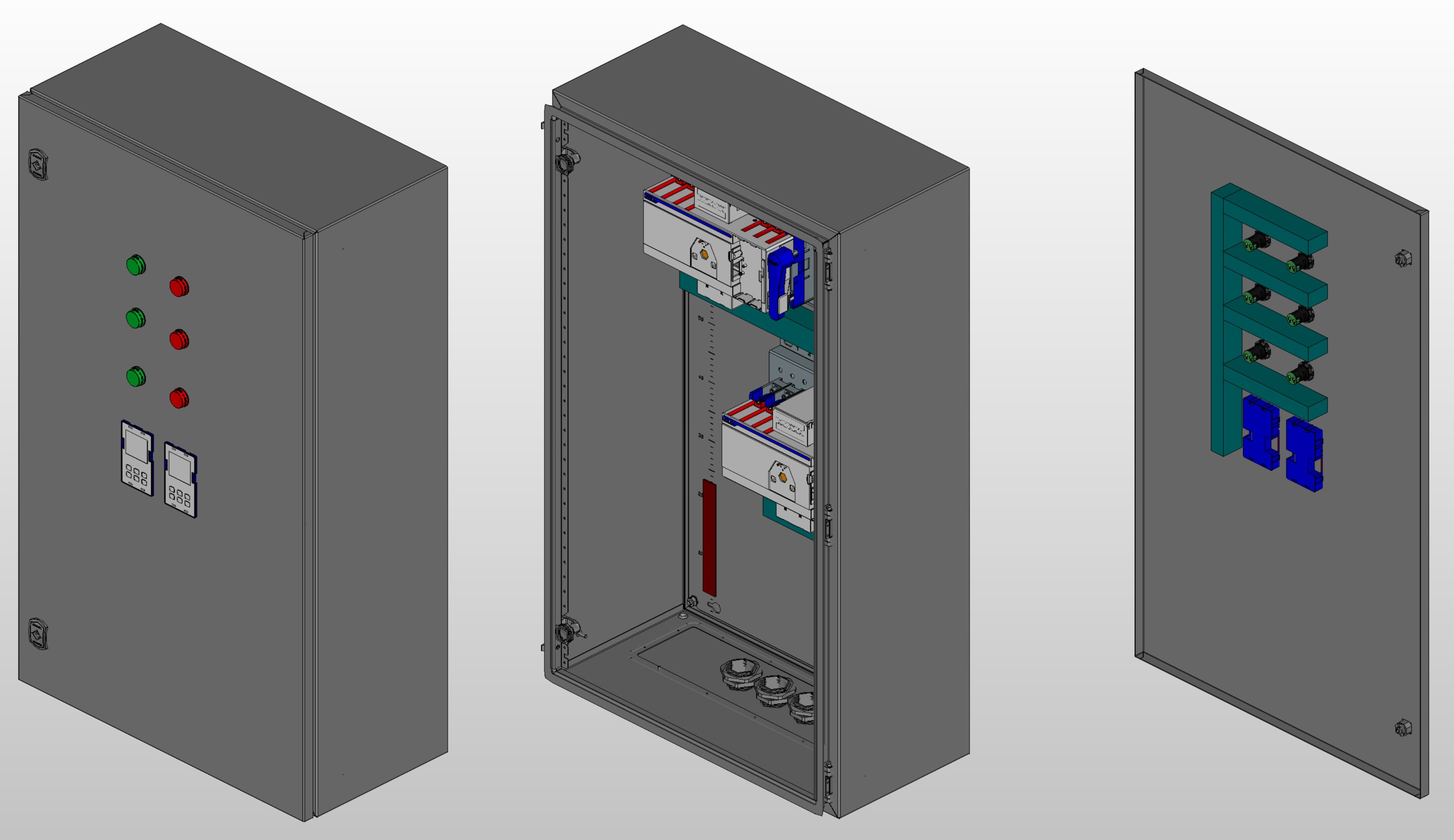 3D вид шкафа АВР на 40А, на двух моноблоках CHINT NXZM с 3 вводами