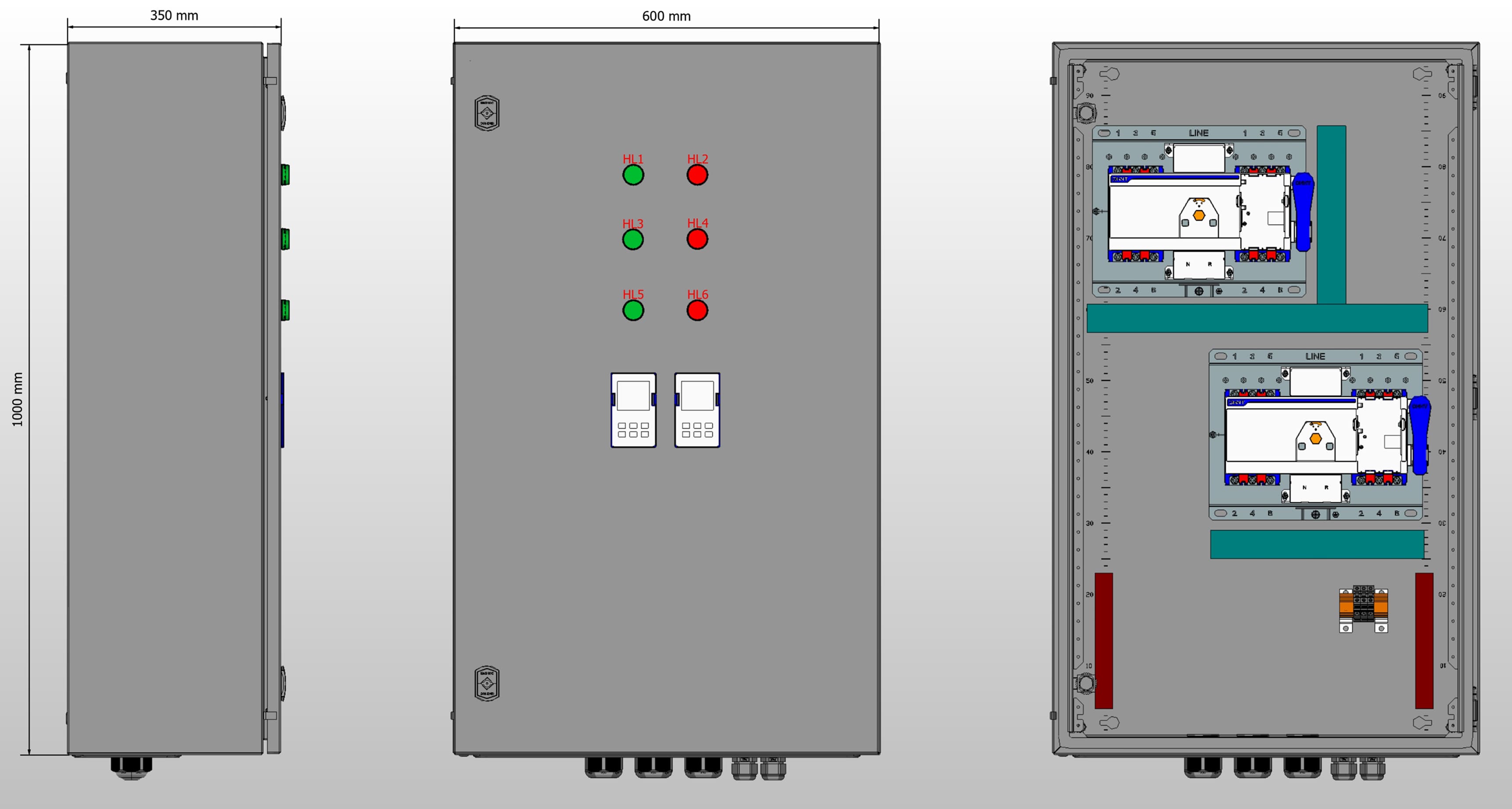 Габариты шкафа АВР на 50А, на двух моноблоках CHINT NXZM с 3 вводами