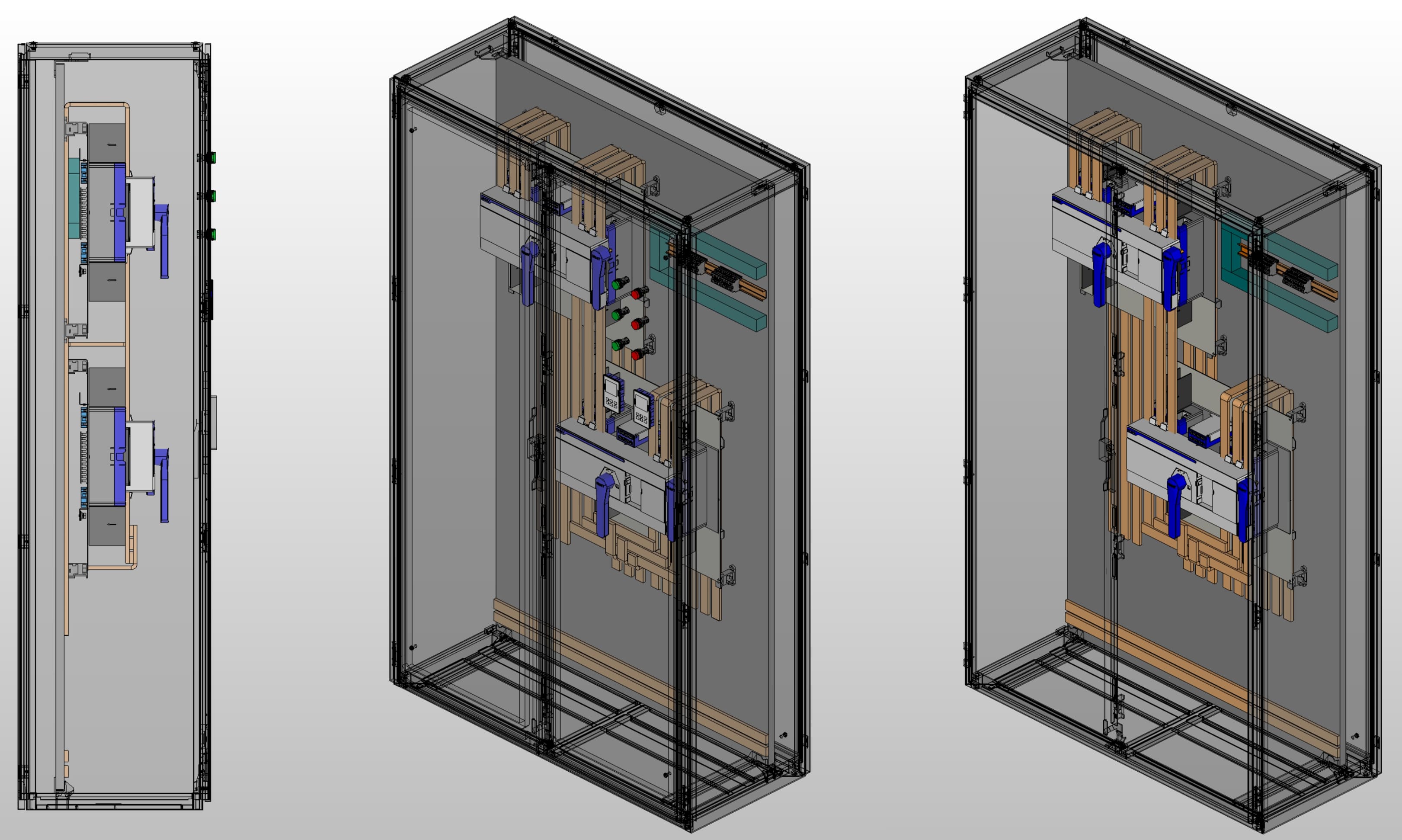 3D вид шкафа АВР на 630А, на двух моноблоках CHINT NXZM с 3 вводами