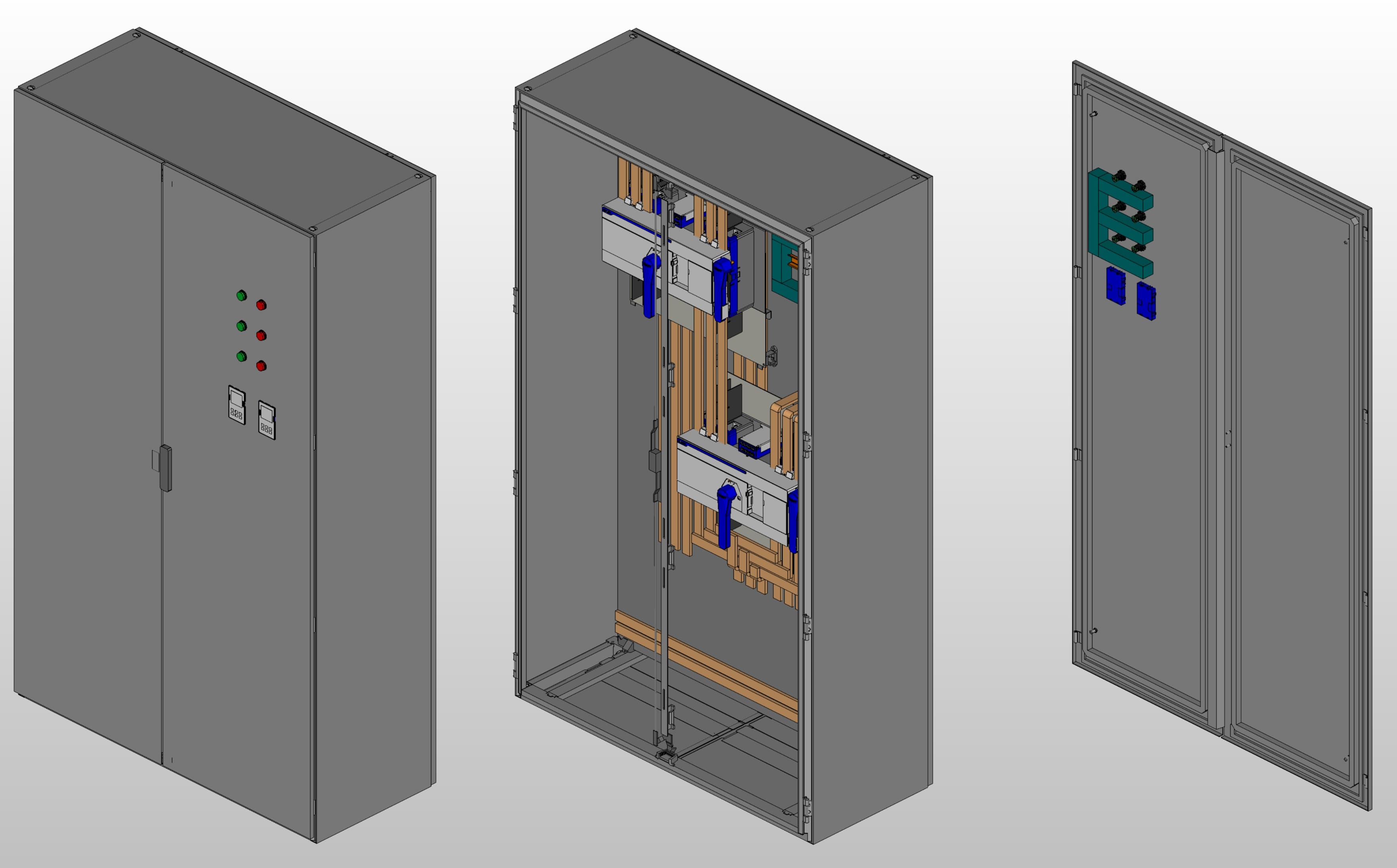 3D вид шкафа АВР на 630А, на двух моноблоках CHINT NXZM с 3 вводами