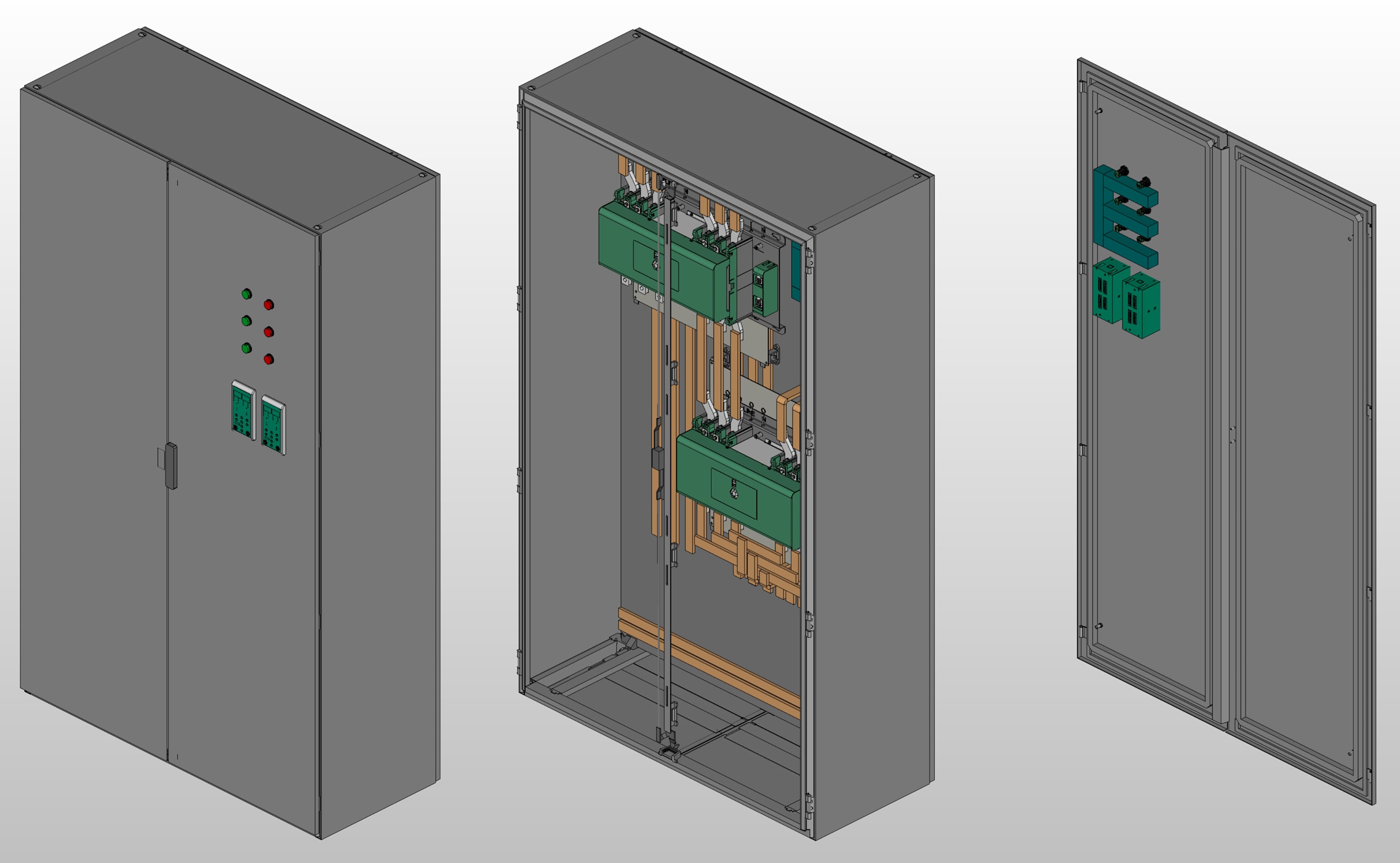 3D вид шкафа АВР на 630А, на двух моноблоках АВР-304 DEKraft 630А, 3Р, 50кА. с 3 вводами