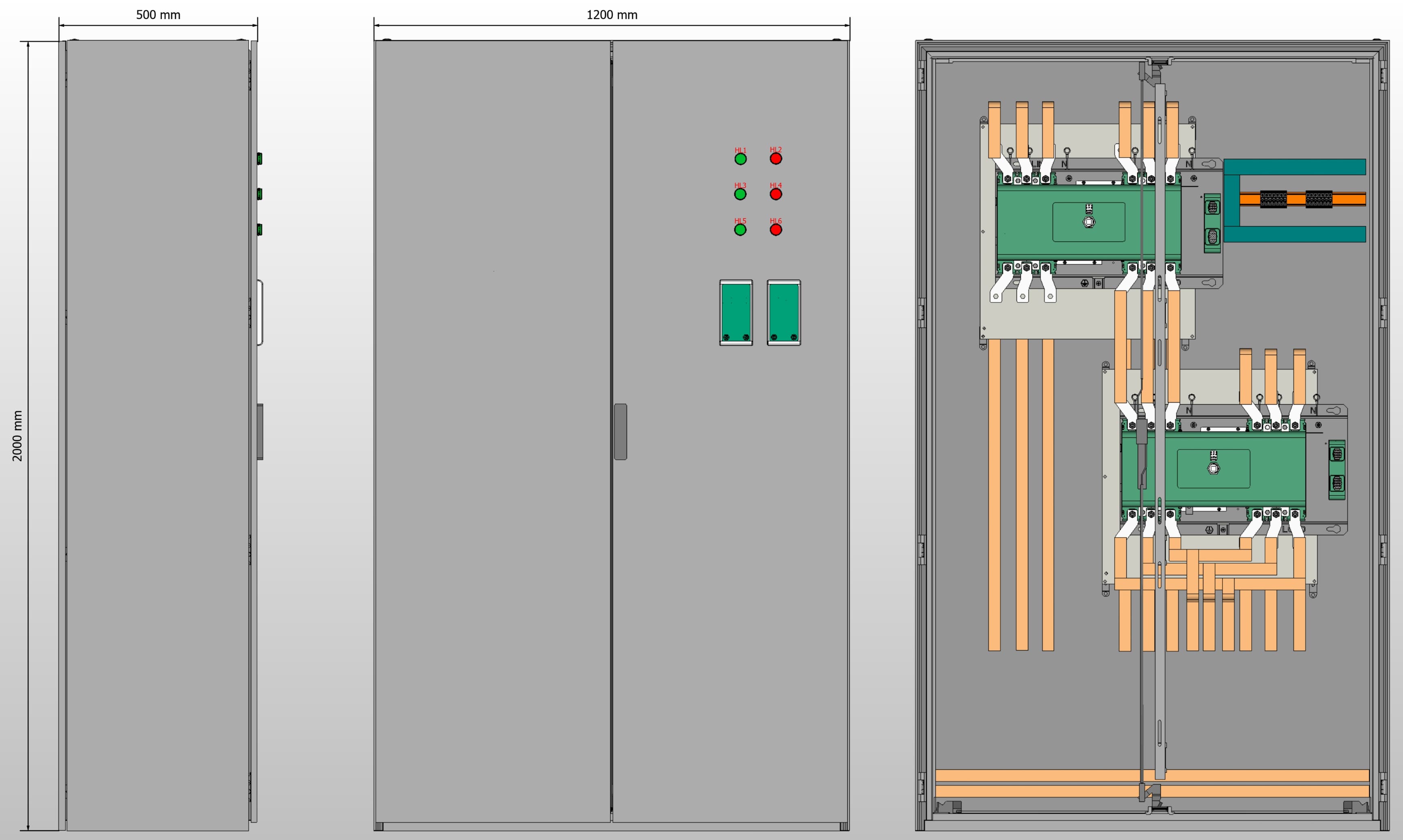 Габариты шкафа АВР на 630А, на двух моноблоках АВР-305 DEKraft 630А, 3Р, 50кА. с 3 вводами
