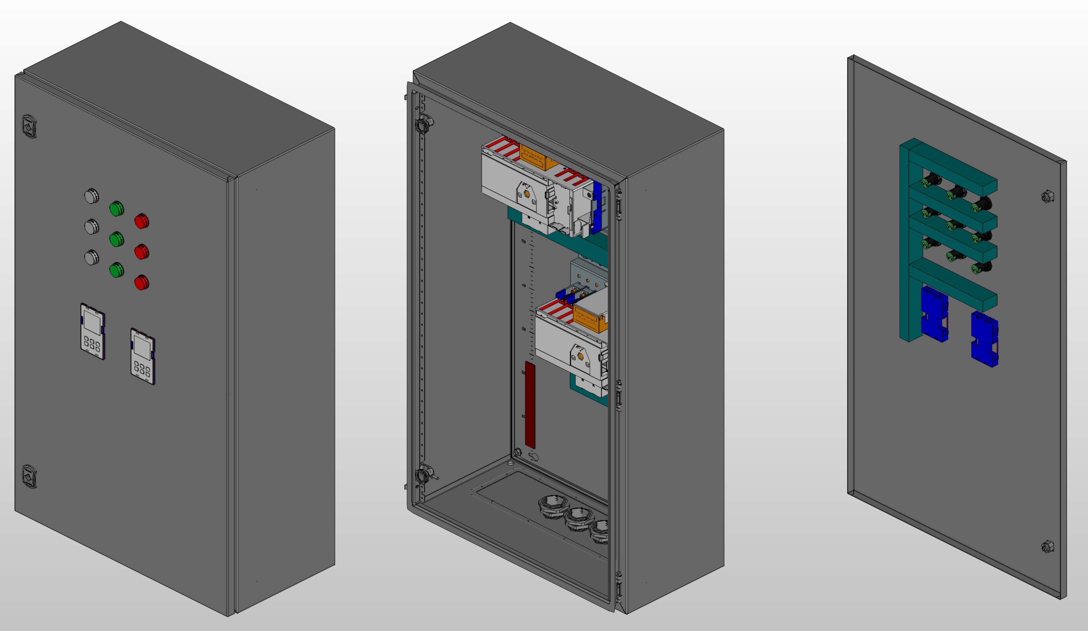 3D вид шкафа АВР на 63А, на двух моноблоках АВР HATS7 3P 80A 25kA Andeli с 3 вводами