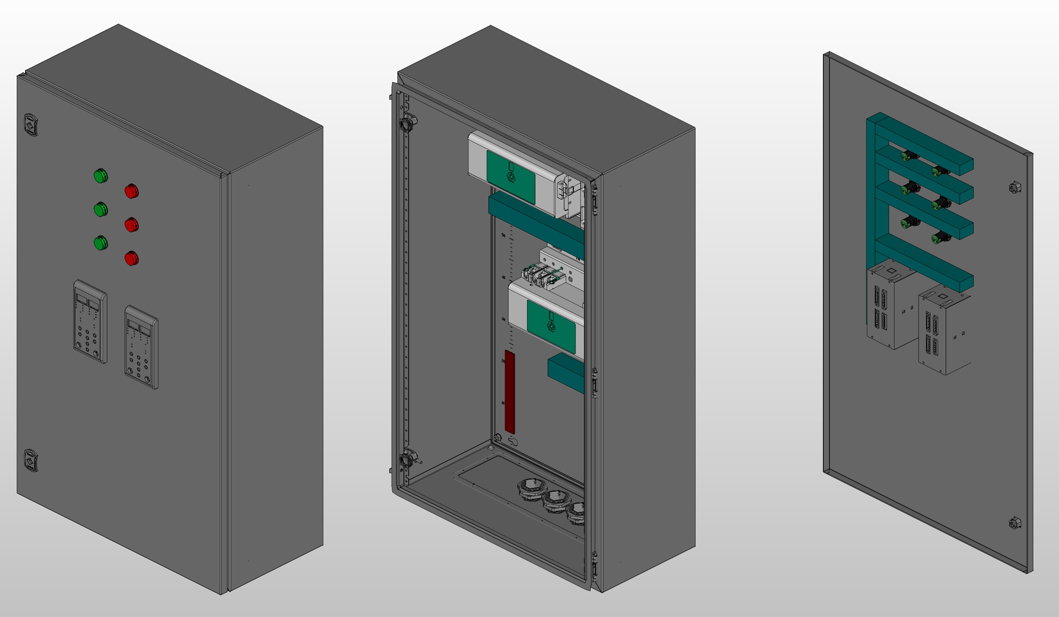 3D вид шкафа АВР на 40А, на двух моноблоках АВР-302 DEKraft 63А, 3Р, 25кА. с 3 вводами