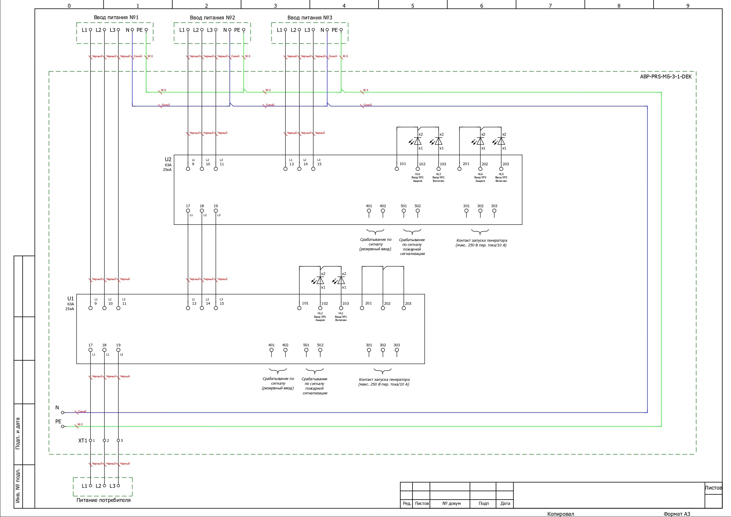 Электрическая схема шкафа АВР на 63А, на двух моноблоках АВР-302 DEKraft 63А, 3Р, 25кА, 3 ввода