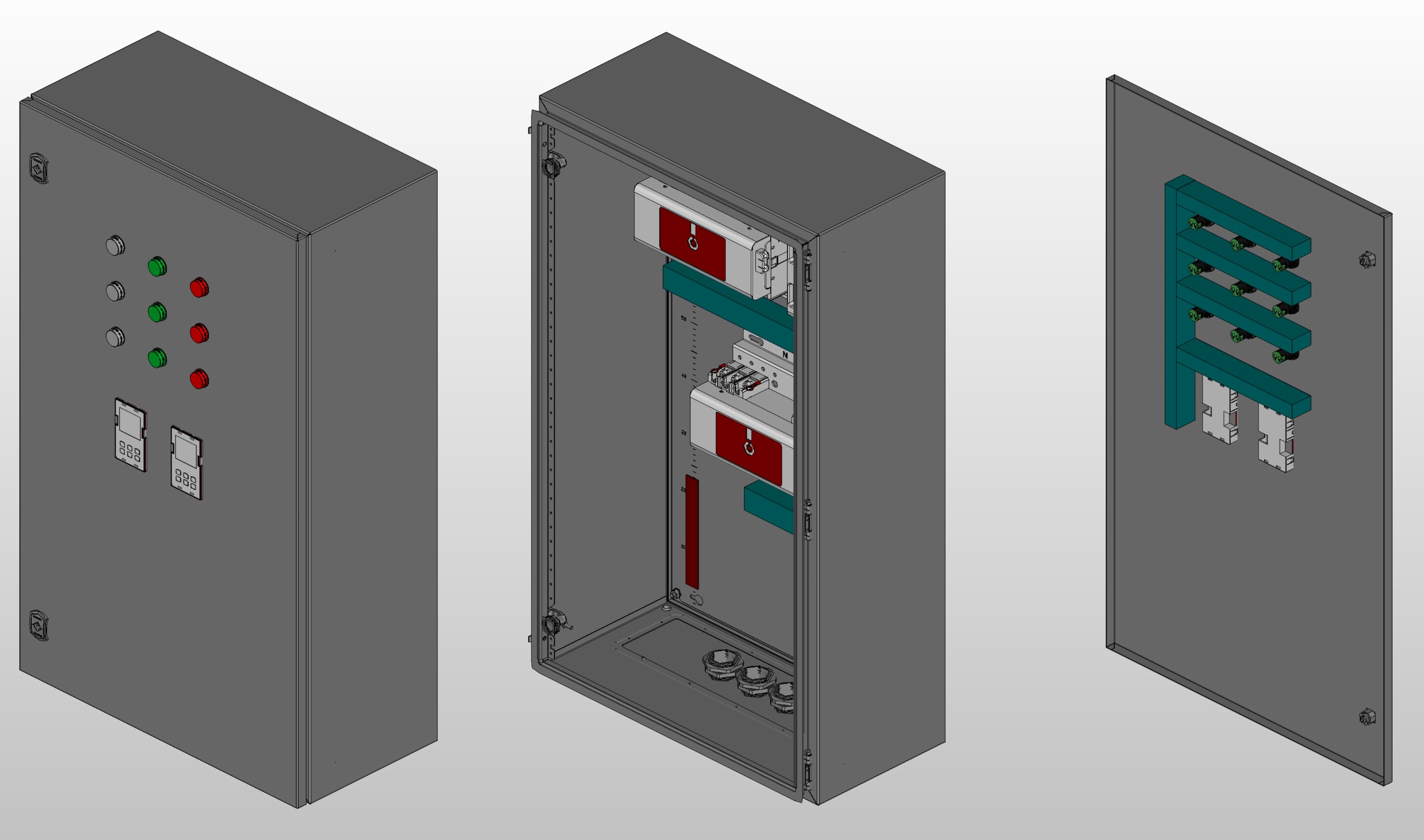 3D вид шкафа АВР на 63А, на двух моноблоках EKF TCM-100 с 3 вводами