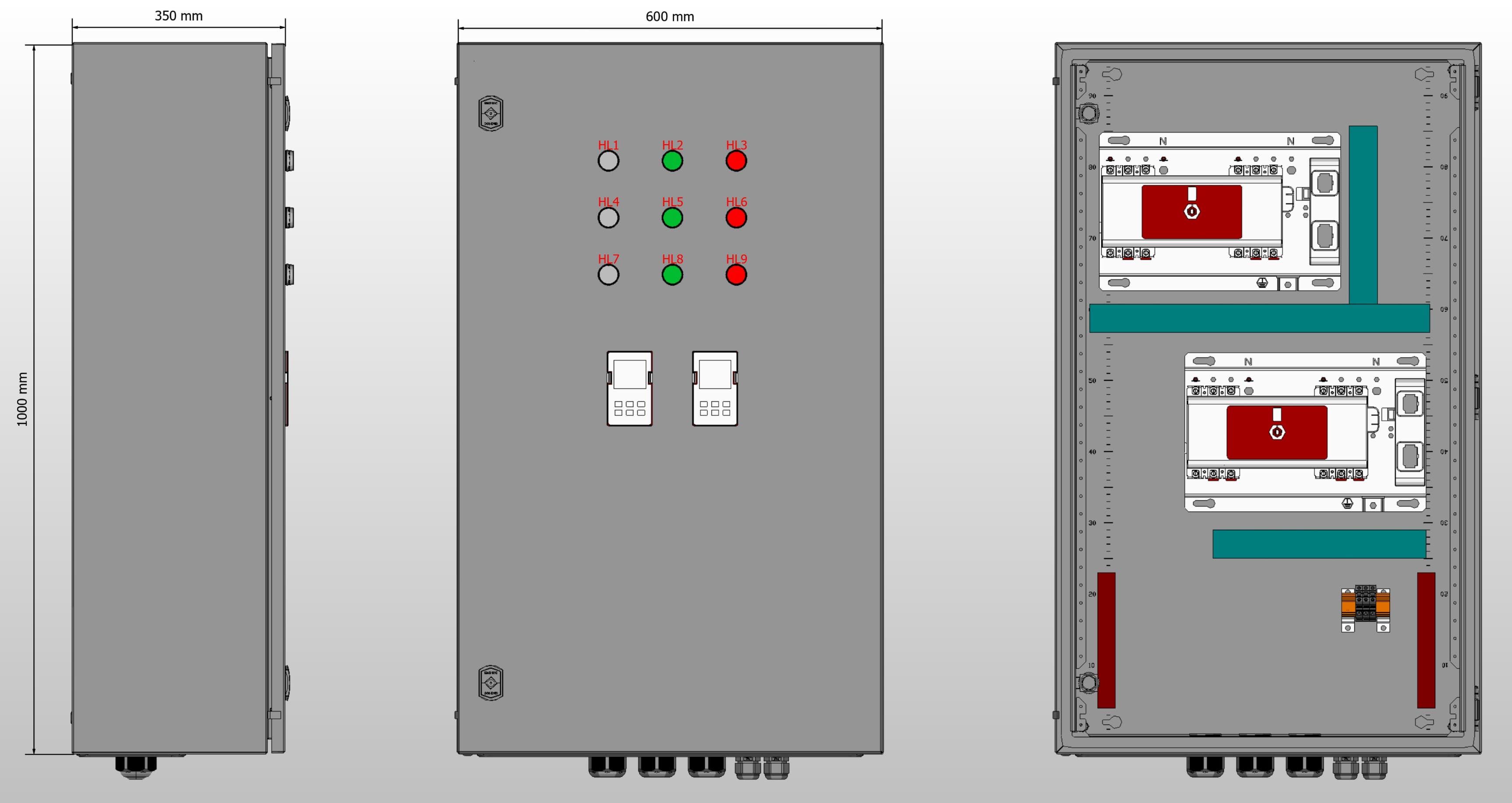 Габариты шкафа АВР на 63А, на двух моноблоках EKF TCM-100 с 3 вводами
