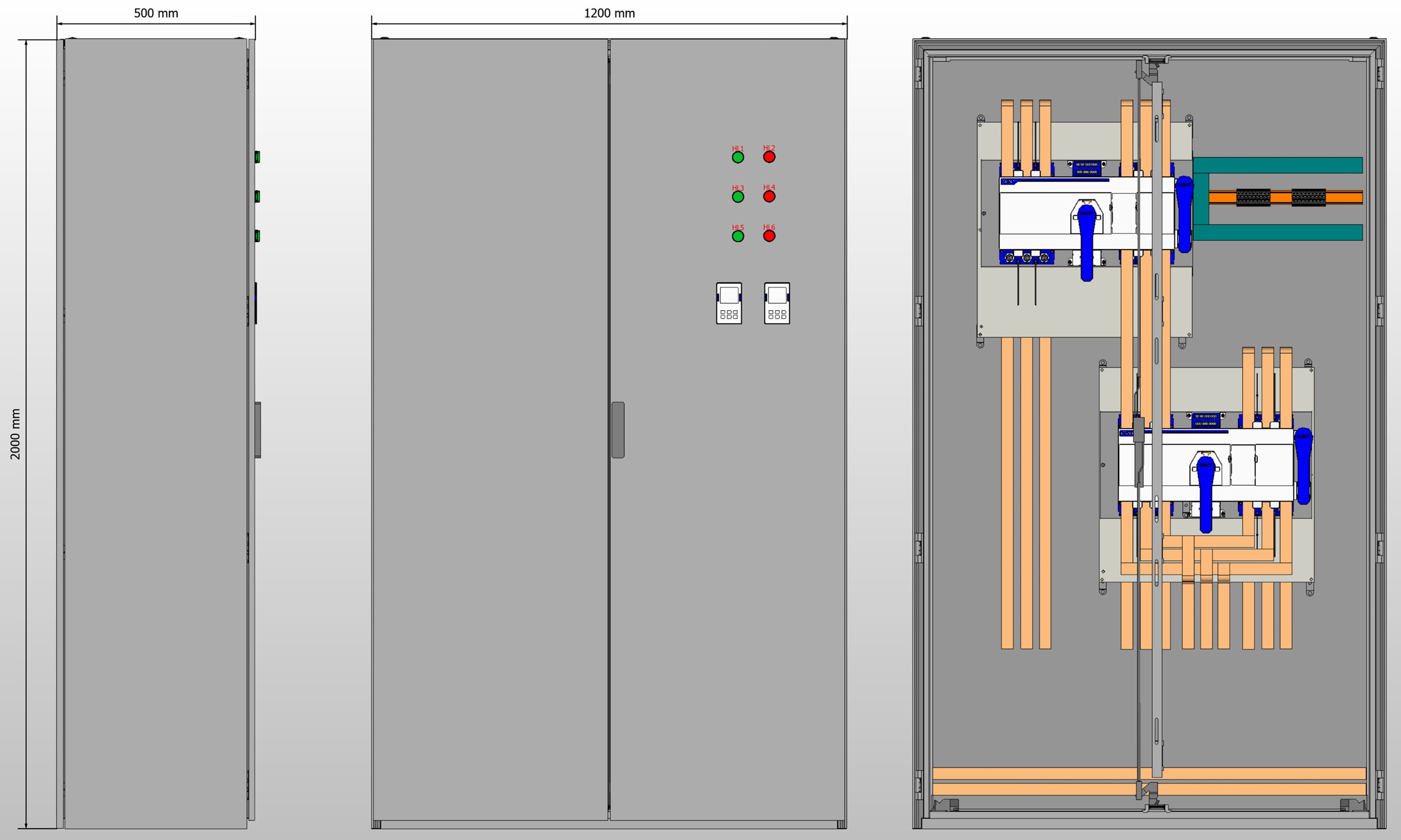 Габариты шкафа АВР на 800А, на двух моноблоках CHINT NXZM с 3 вводами