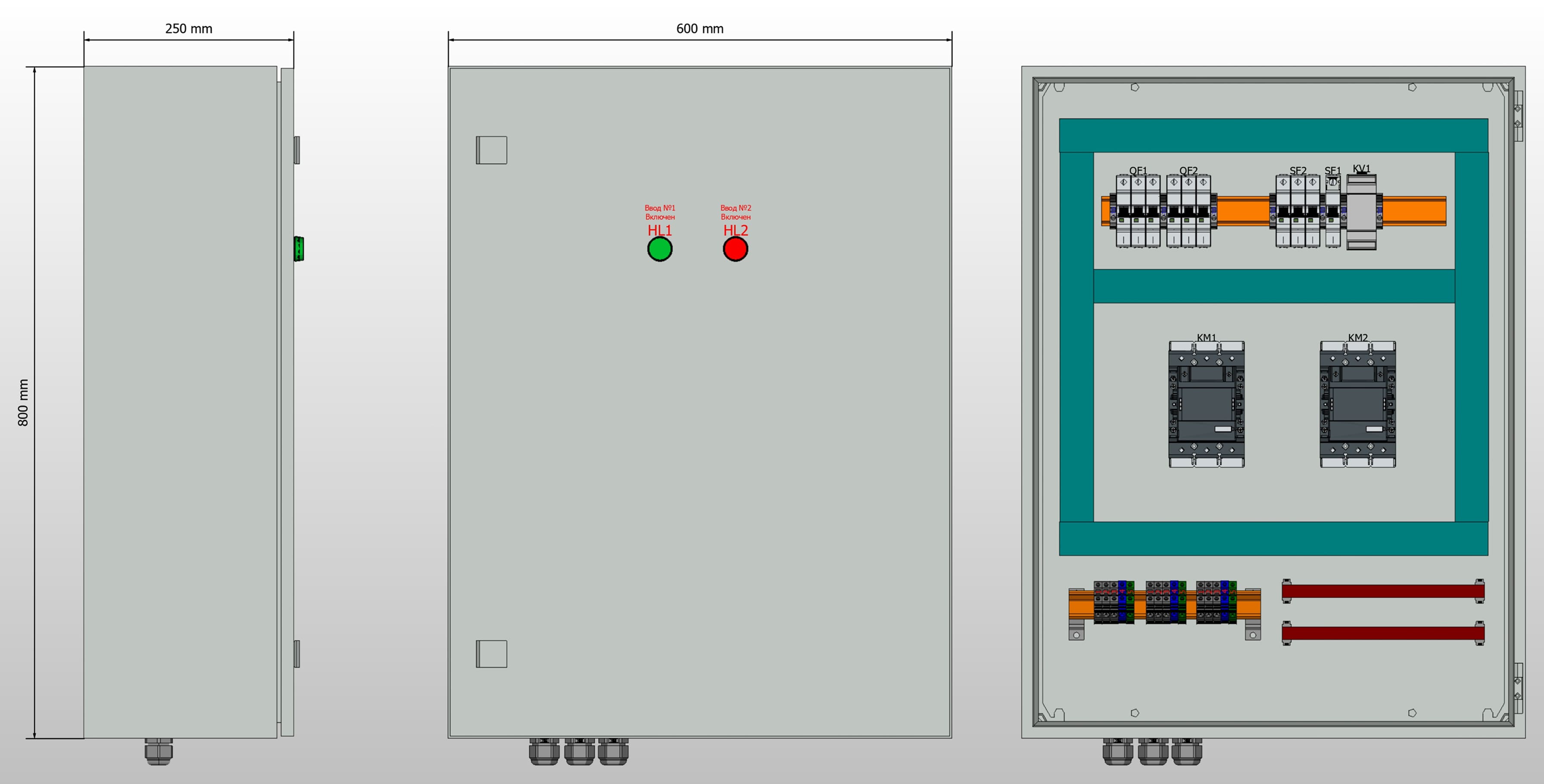 Габариты шкафа АВР на 100А, на контакторах ABB с 2 вводами