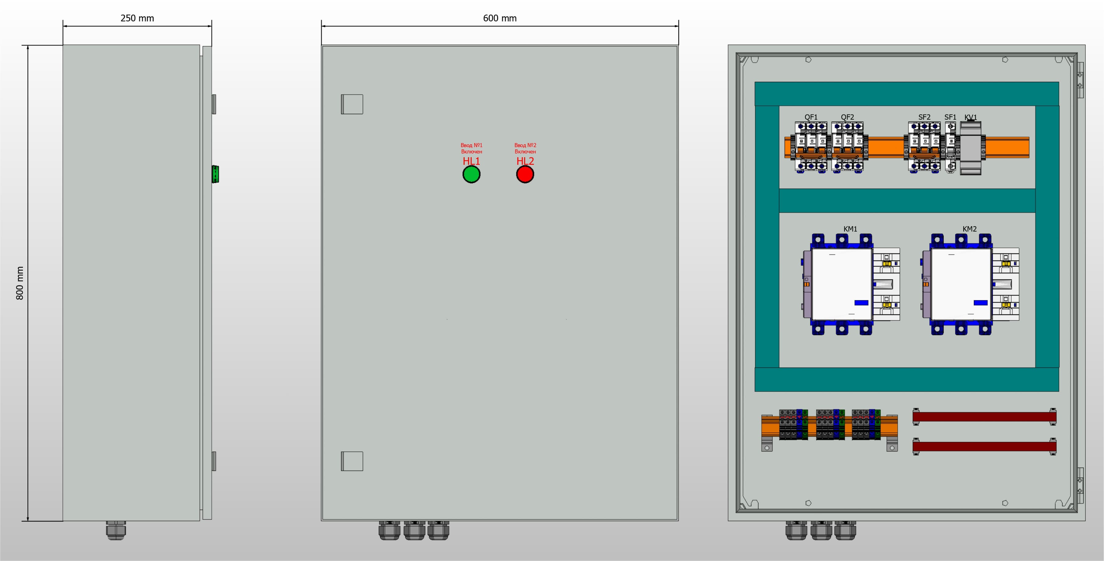 Габариты шкафа АВР на 100А, на контакторах Andeli с 2 вводами