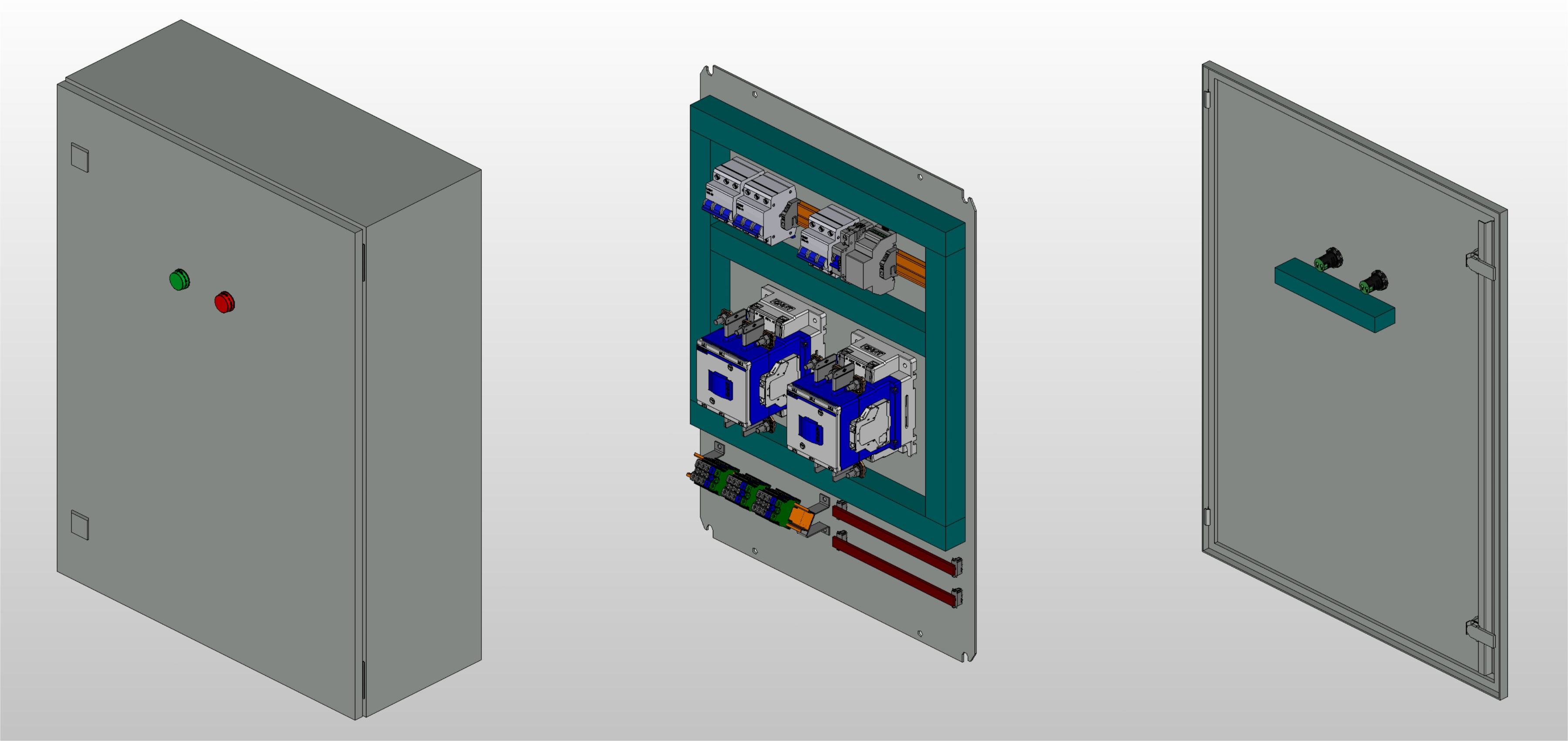 3D вид шкафа АВР на 100А, на контакторах CHINT с 2 вводами