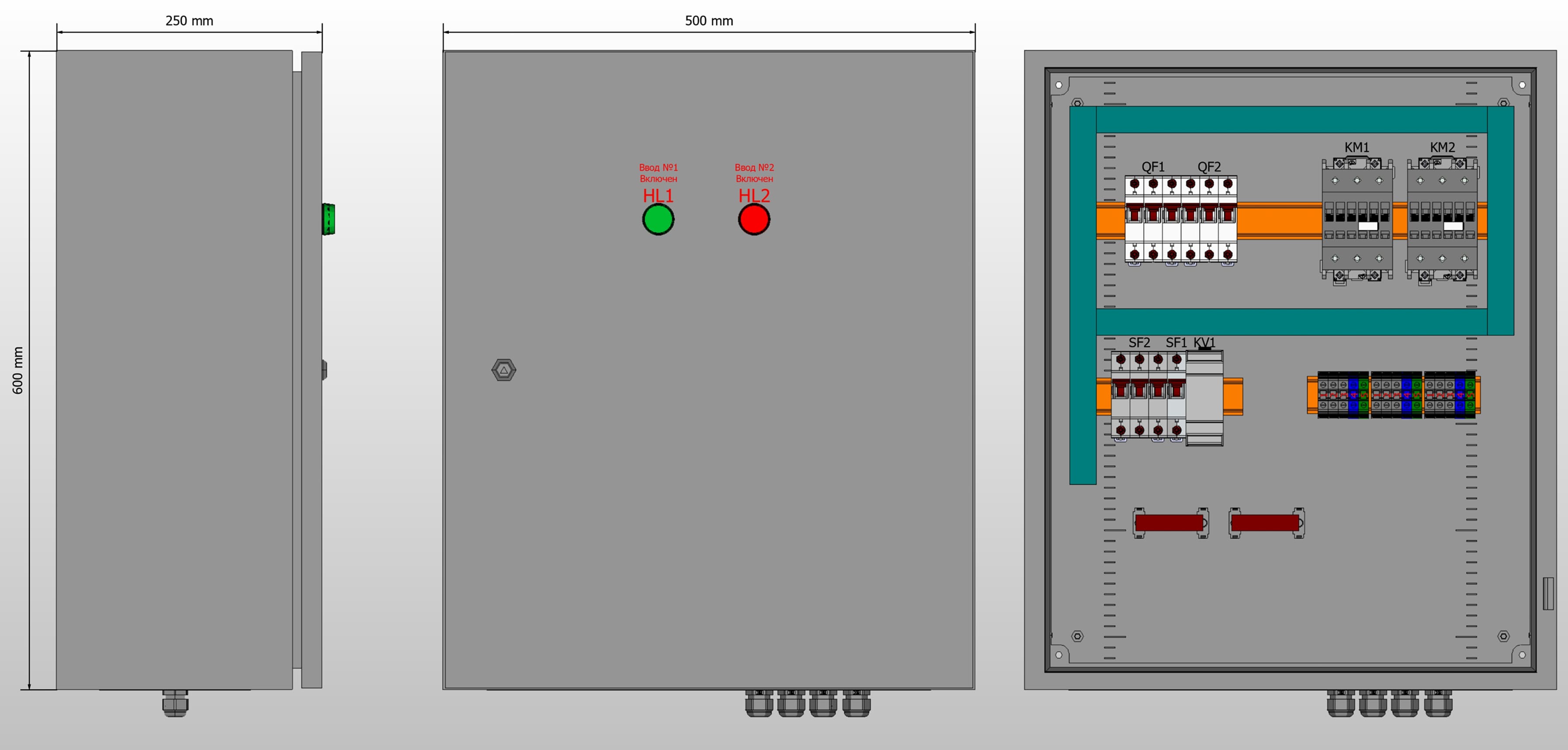 Габариты шкафа АВР на 100А, на контакторах DKC с 2 вводами