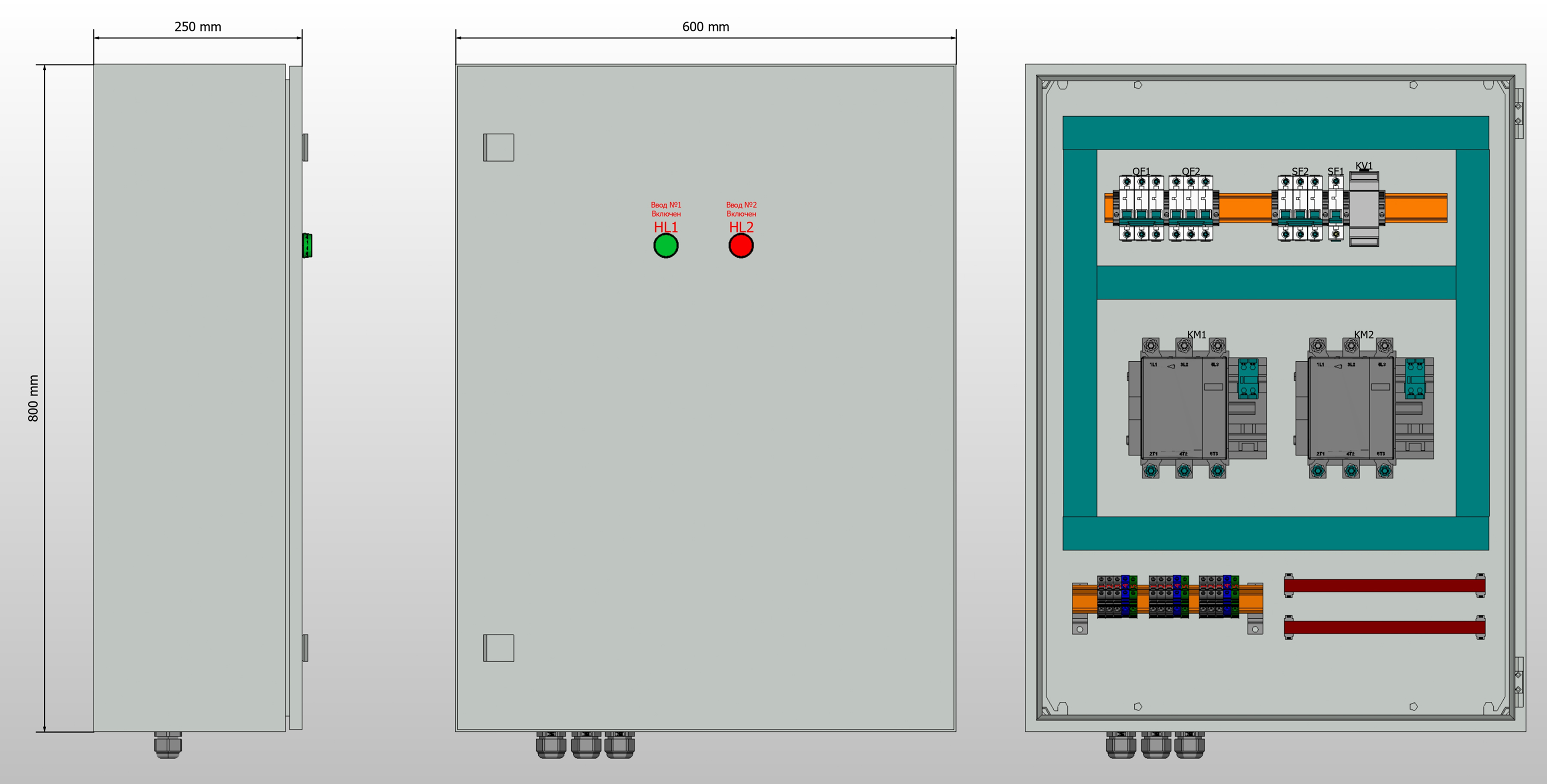 Габариты шкафа АВР на 100А, на контакторах ESQ с 2 вводами