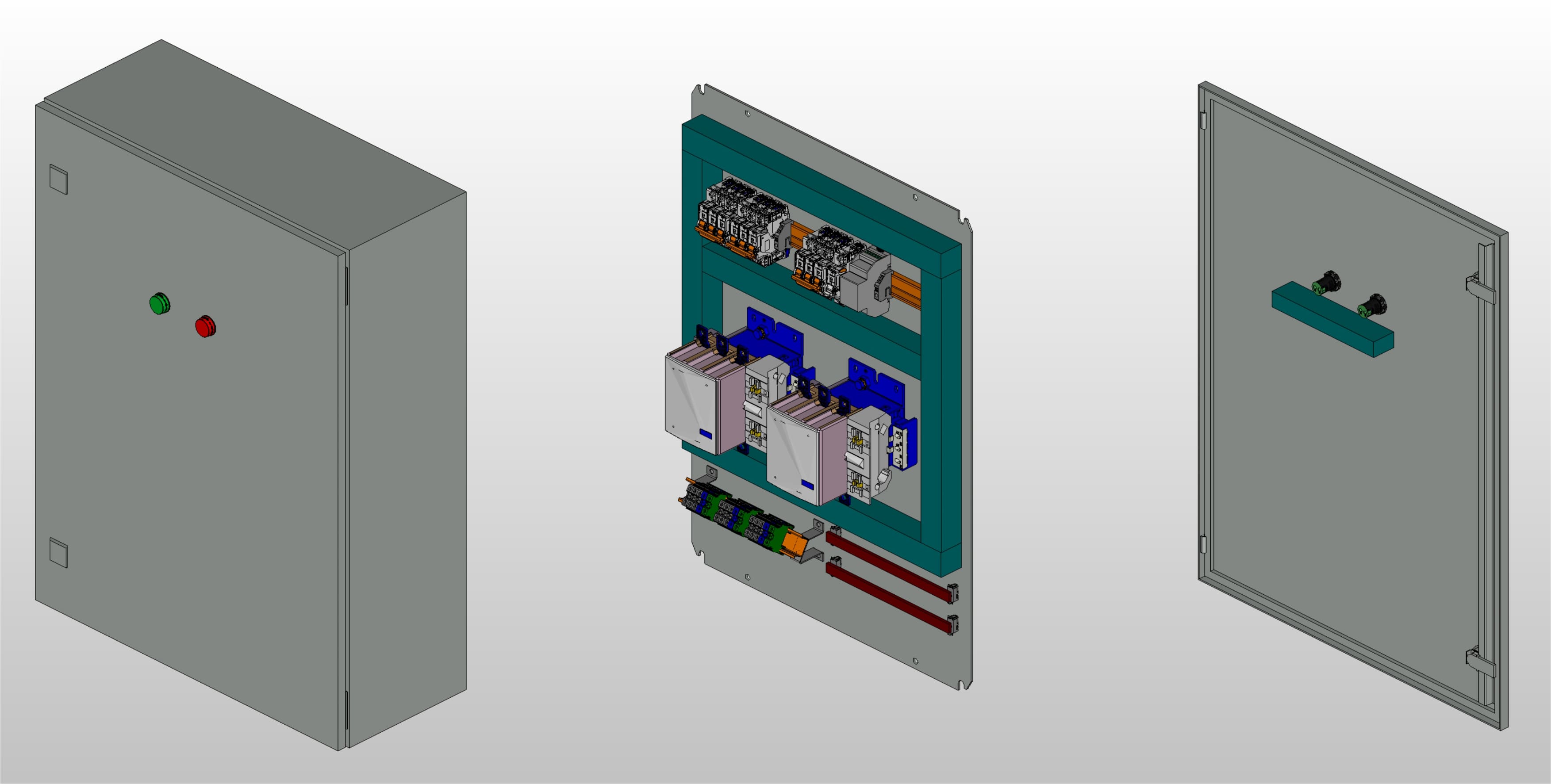 3D вид шкафа АВР на 100А, на контакторах GEYA с 2 вводами