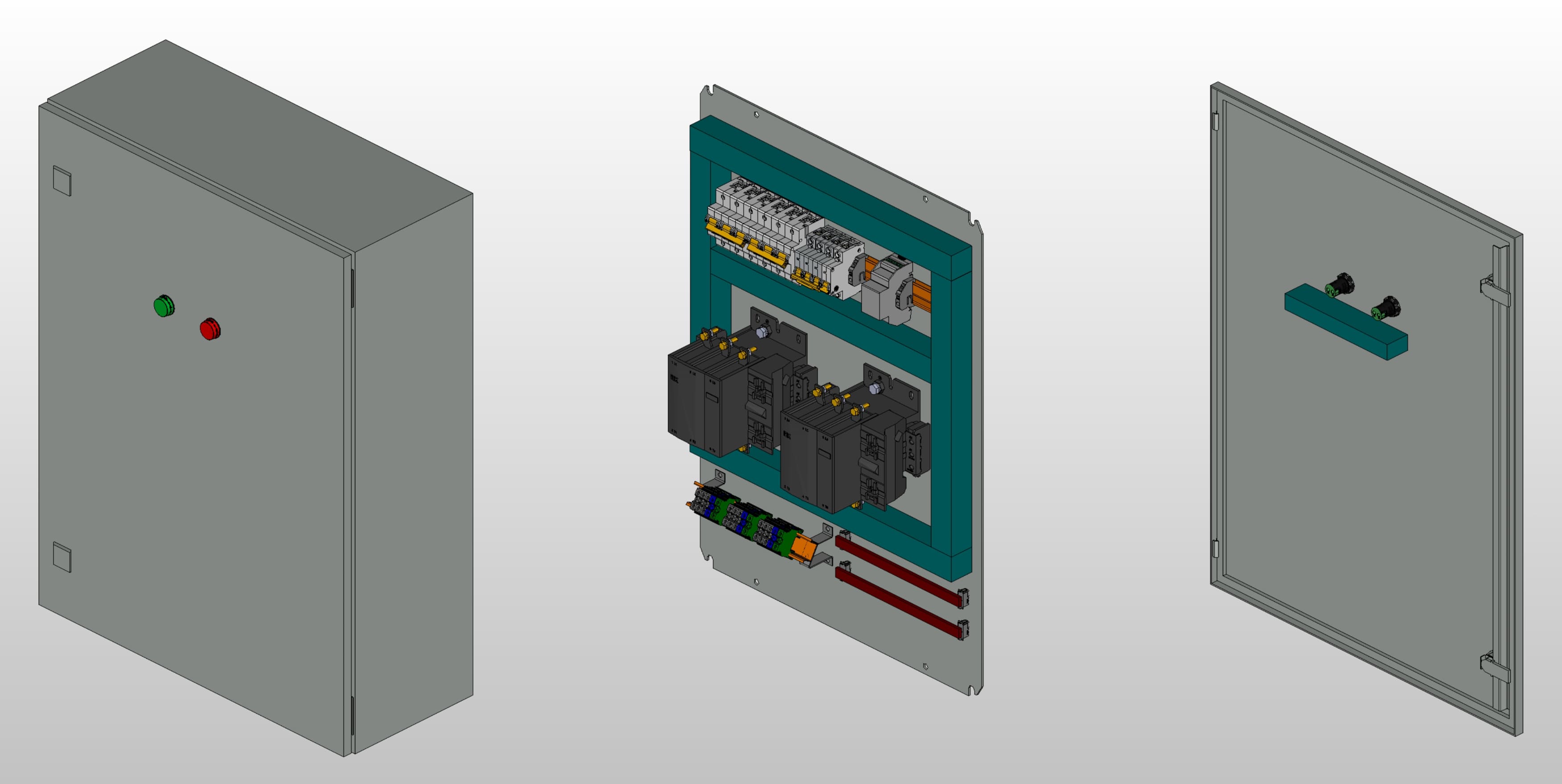 3D вид шкафа АВР на 100А, на контакторах IEK с 2 вводами