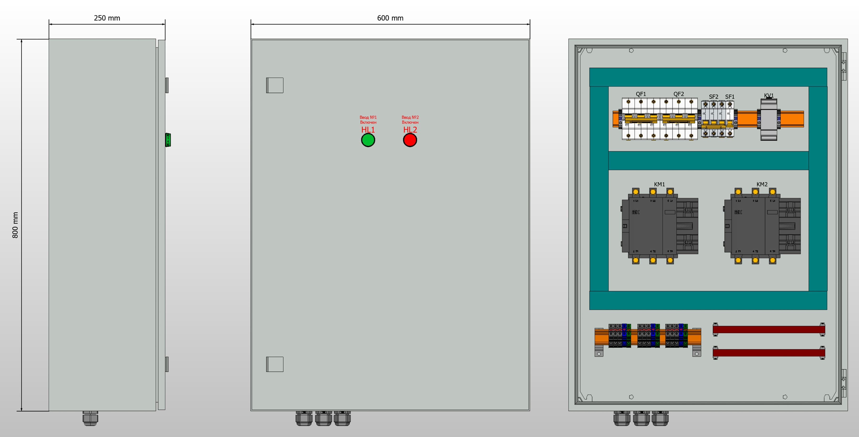 Габариты шкафа АВР на 100А, на контакторах IEK с 2 вводами