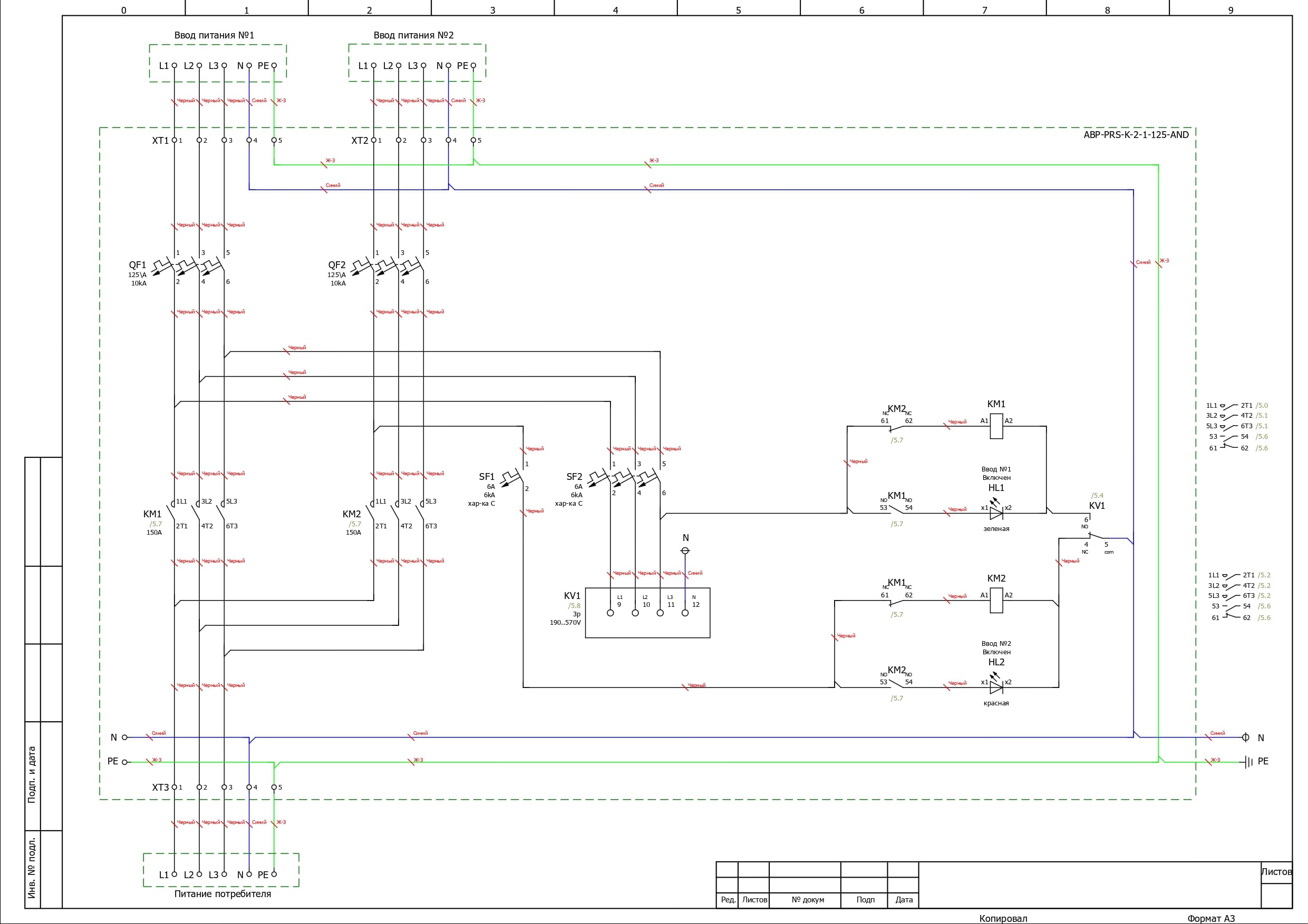 Электрическая схема шкафа АВР на 125А, на контакторах Andeli, 2 ввода