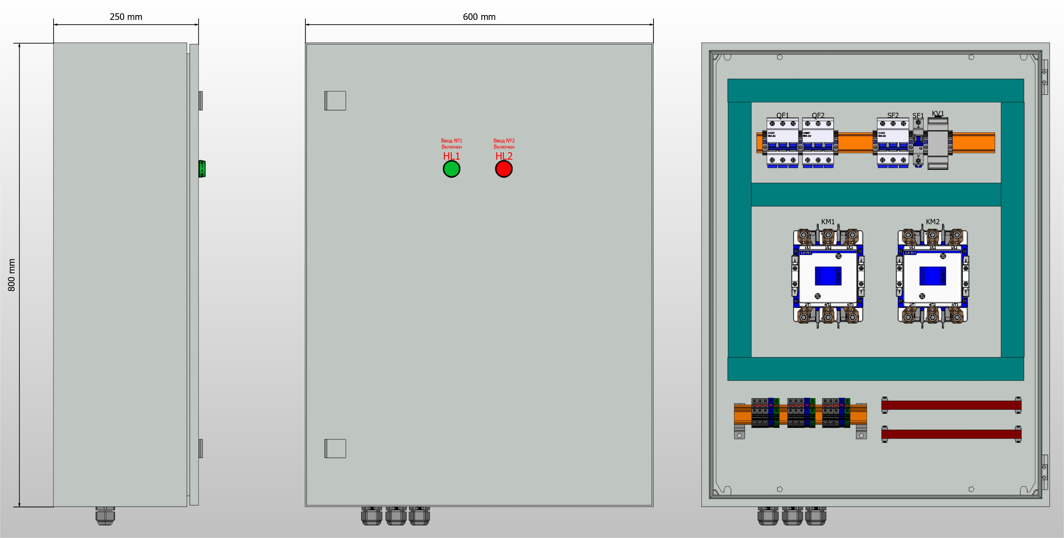 Габариты шкафа АВР на 125А, на контакторах CHINT с 2 вводами