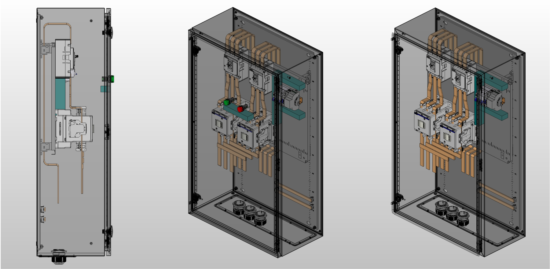 3D вид шкафа АВР на 160А, на контакторах CHINT с 2 вводами