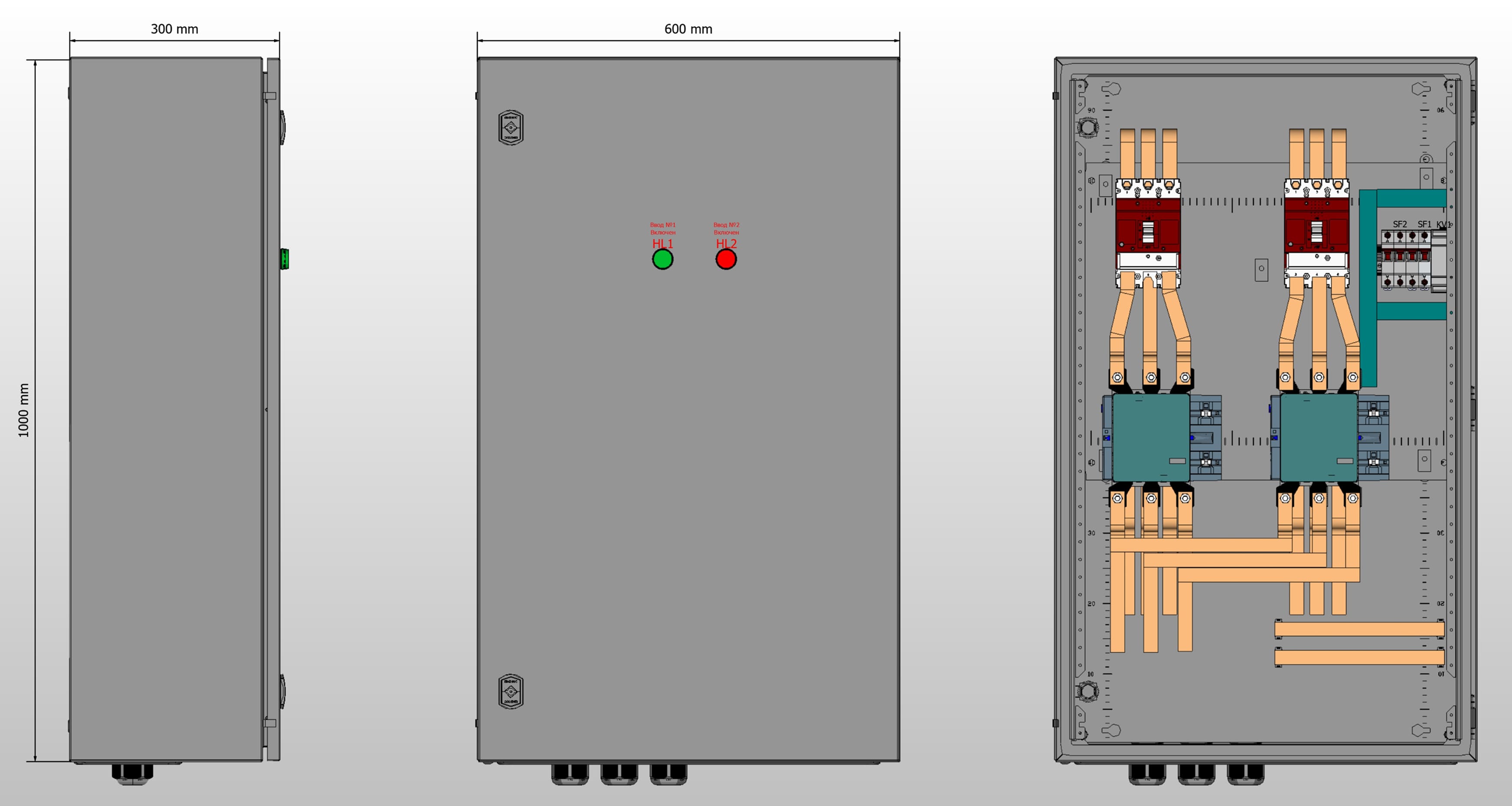 Габариты шкафа АВР на 160А, на контакторах DKC с 2 вводами