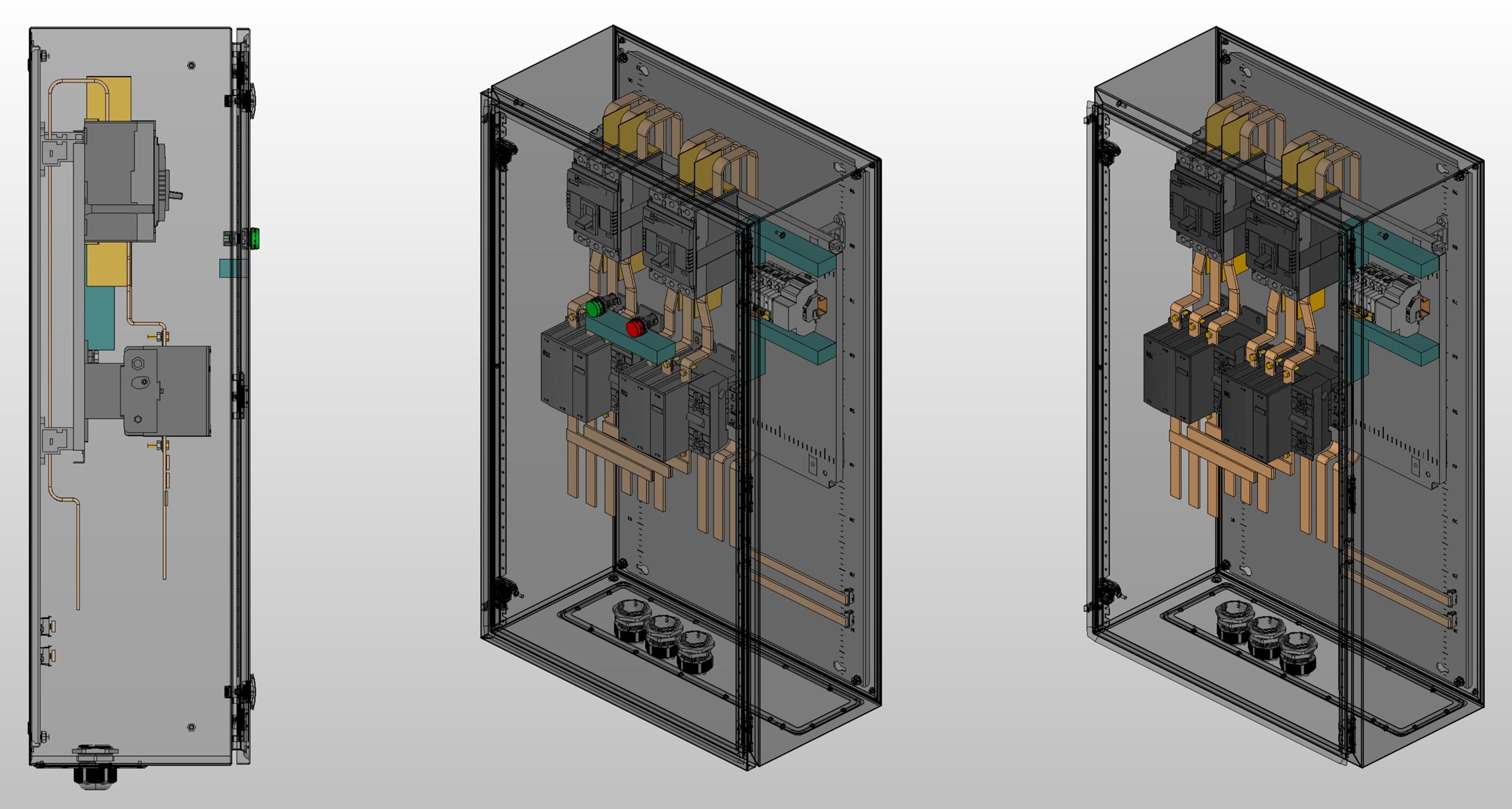 3D вид шкафа АВР на 160А, на контакторах IEK с 2 вводами