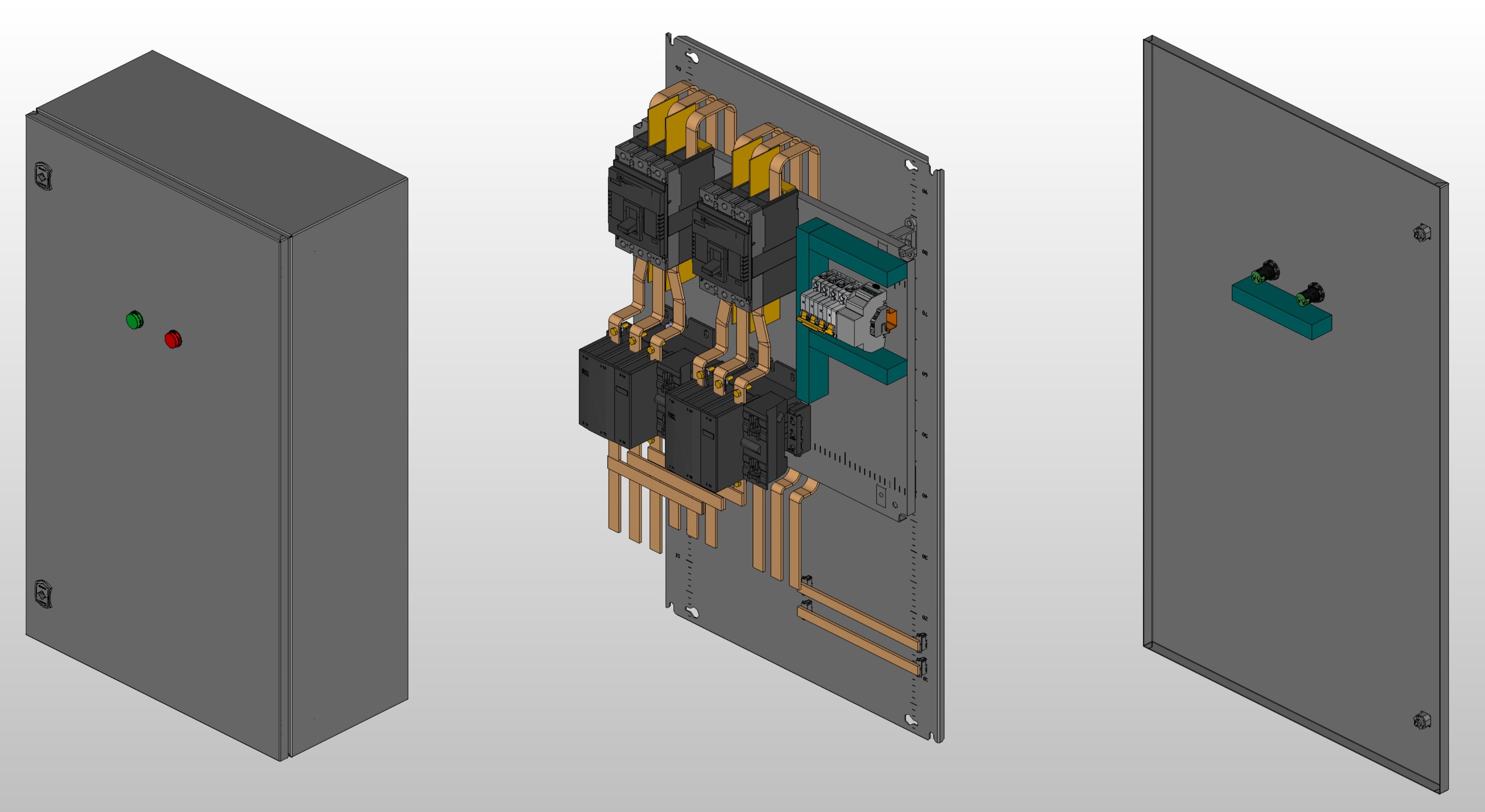 3D вид шкафа АВР на 160А, на контакторах IEK с 2 вводами