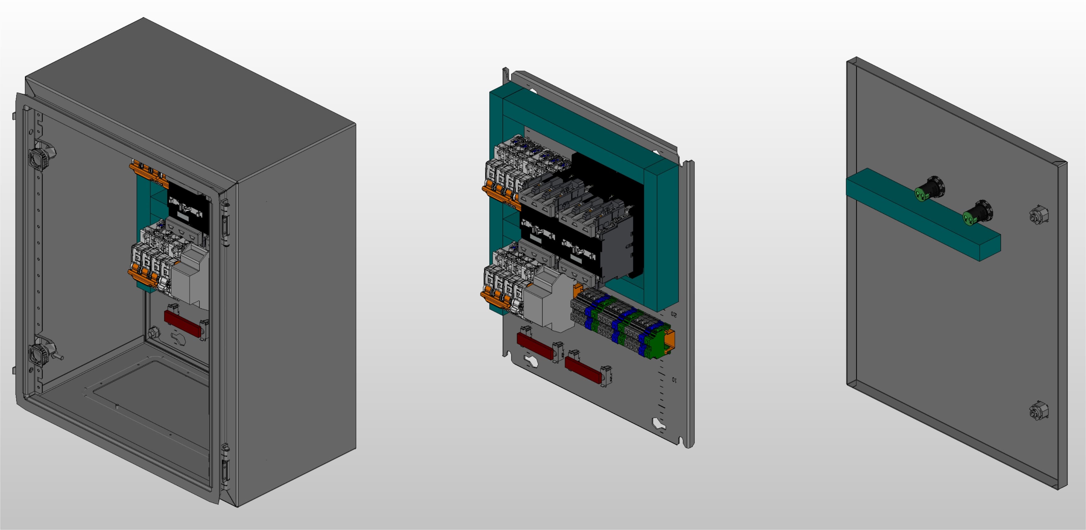 3D вид шкафа АВР на 16А, на контакторах Andeli с 2 вводами