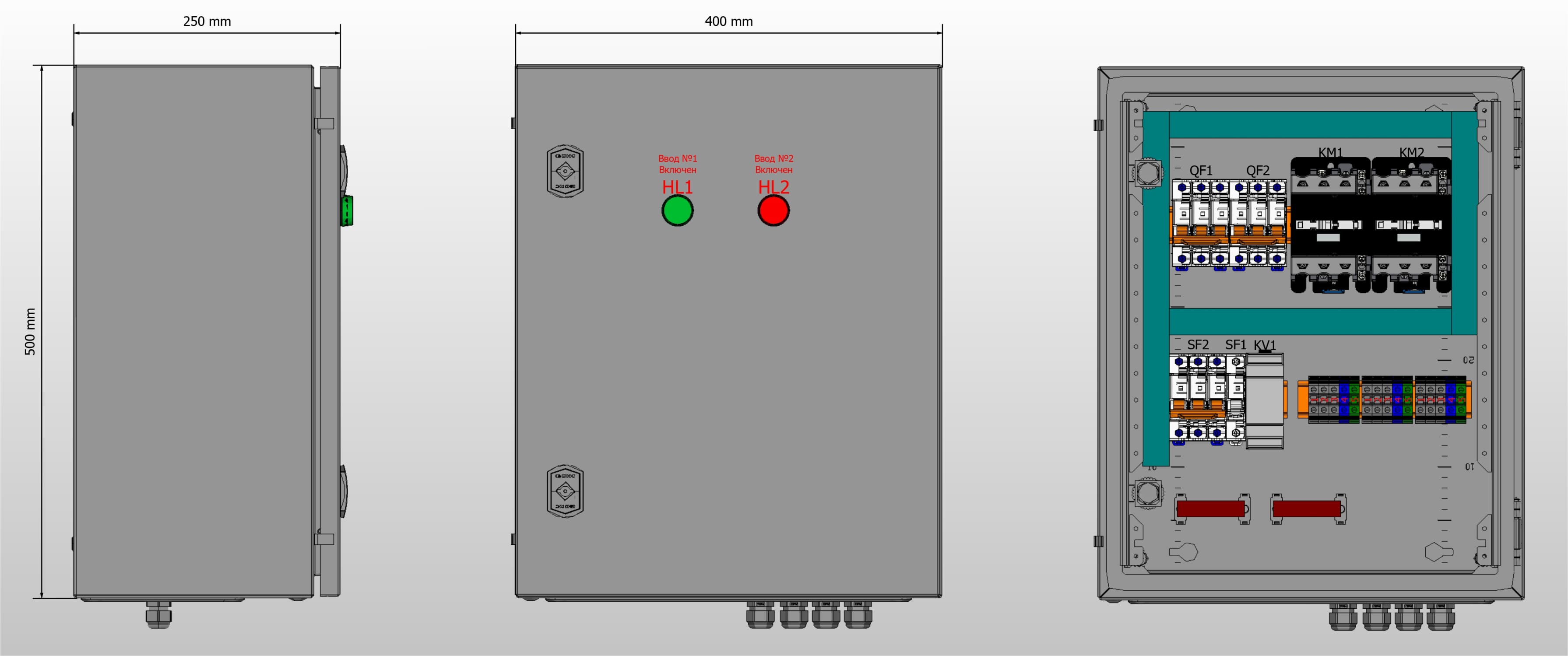 Габариты шкафа АВР на 16А, на контакторах Andeli с 2 вводами