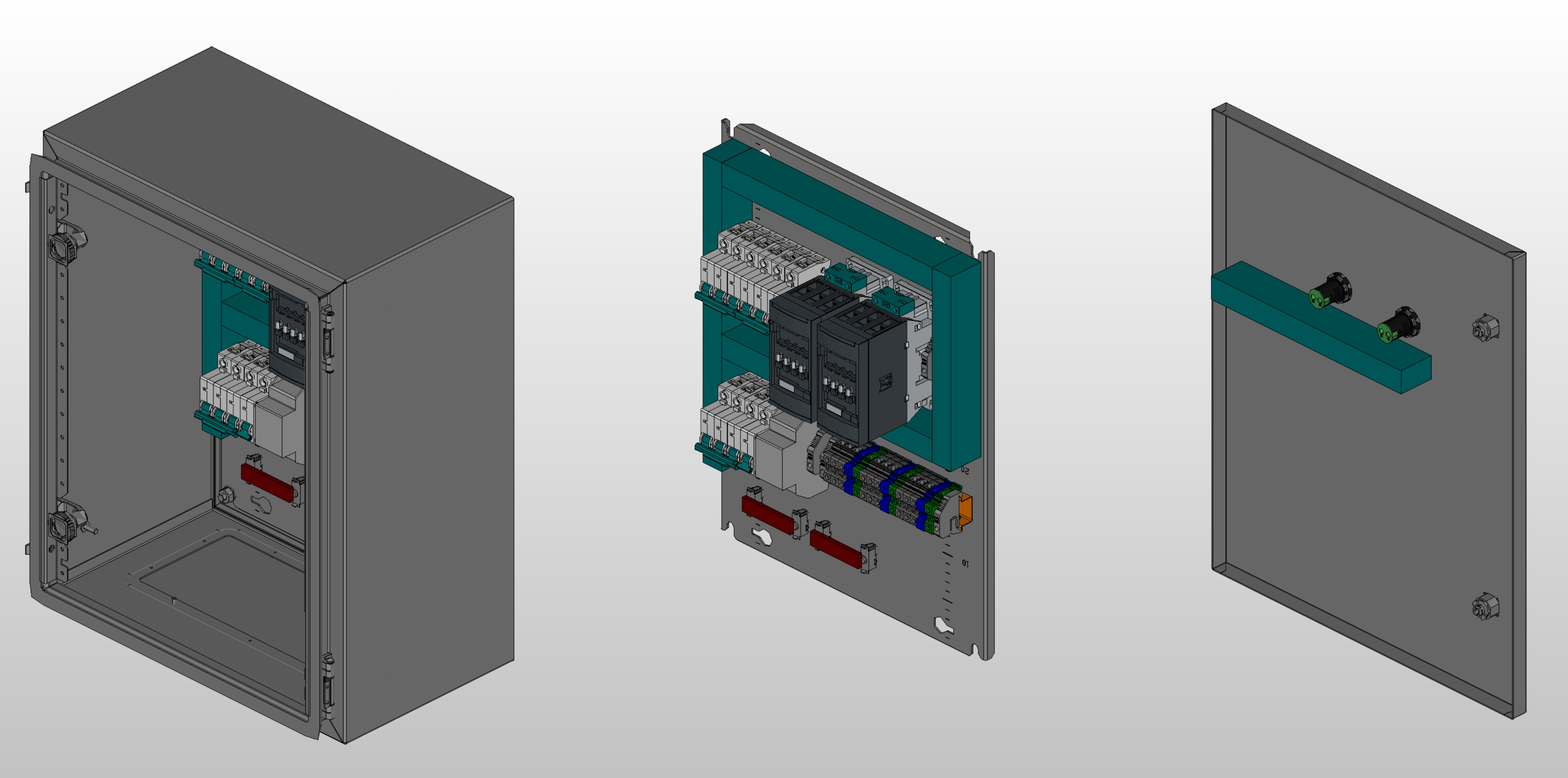 3D вид шкафа АВР на 16А, на контакторах ESQ с 2 вводами