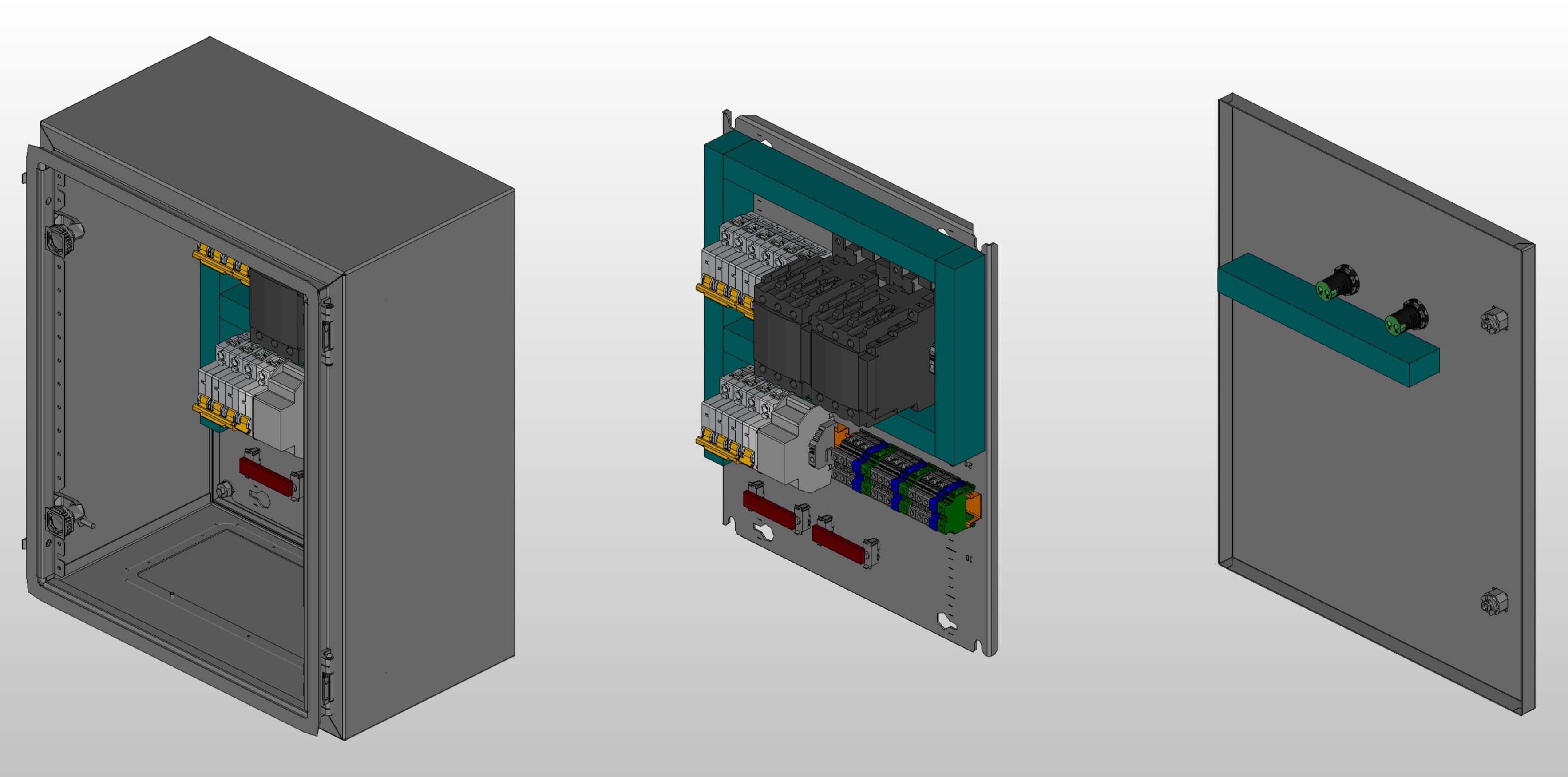 3D вид шкафа АВР на 16А, на контакторах IEK с 2 вводами