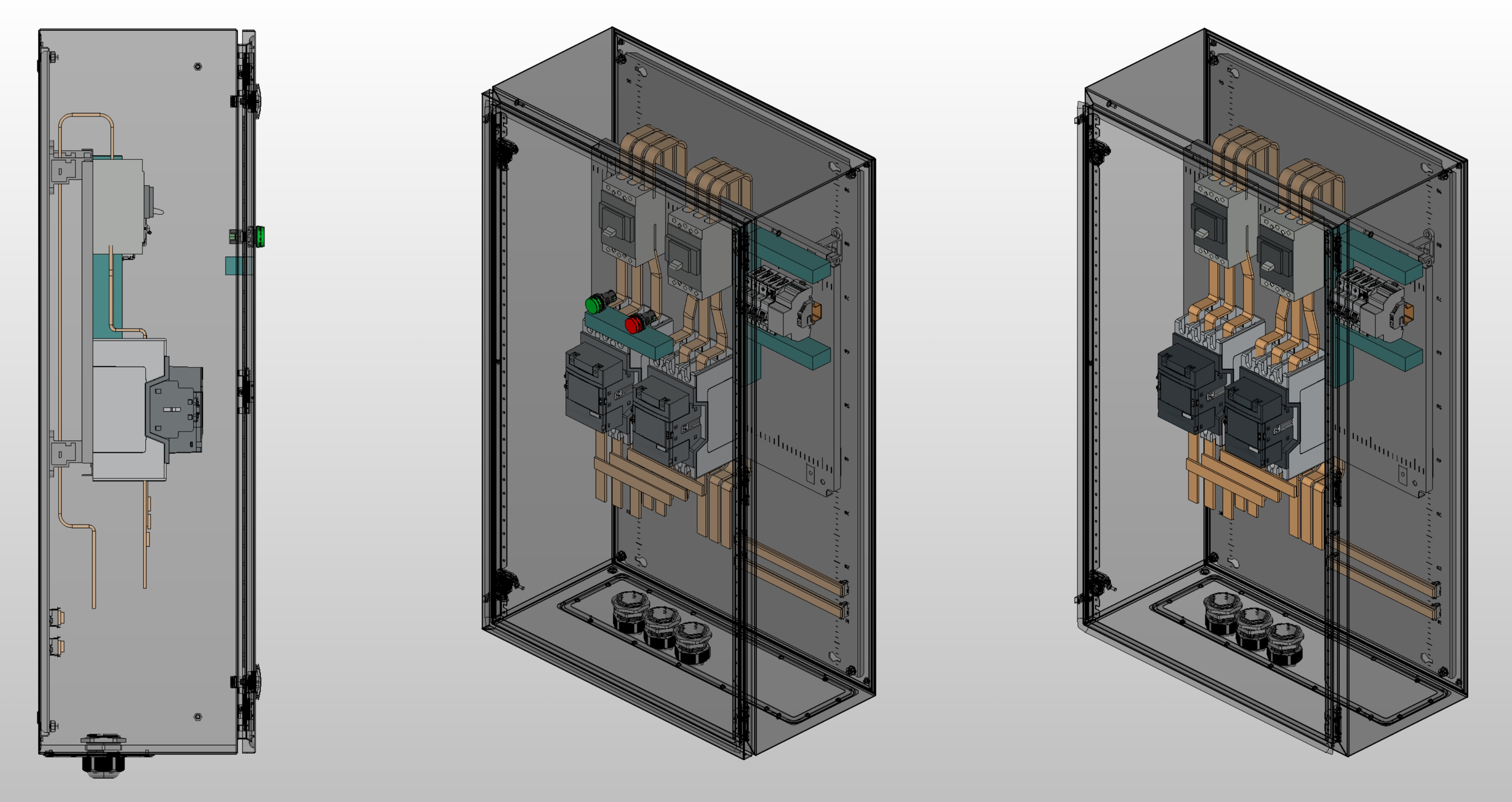 3D вид шкафа АВР на 200А, на контакторах ABB с 2 вводами