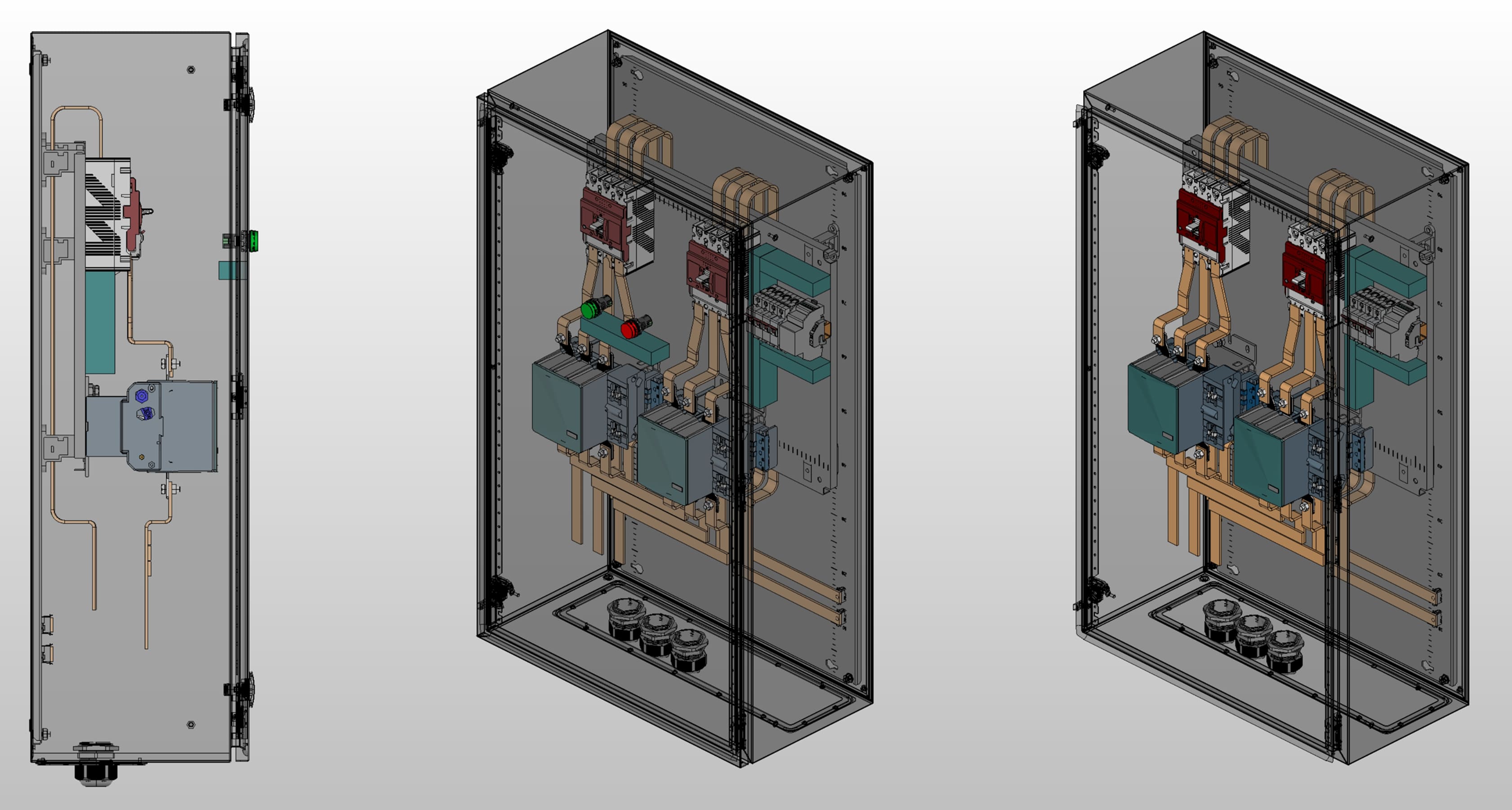 3D вид шкафа АВР на 200А, на контакторах EKF с 2 вводами
