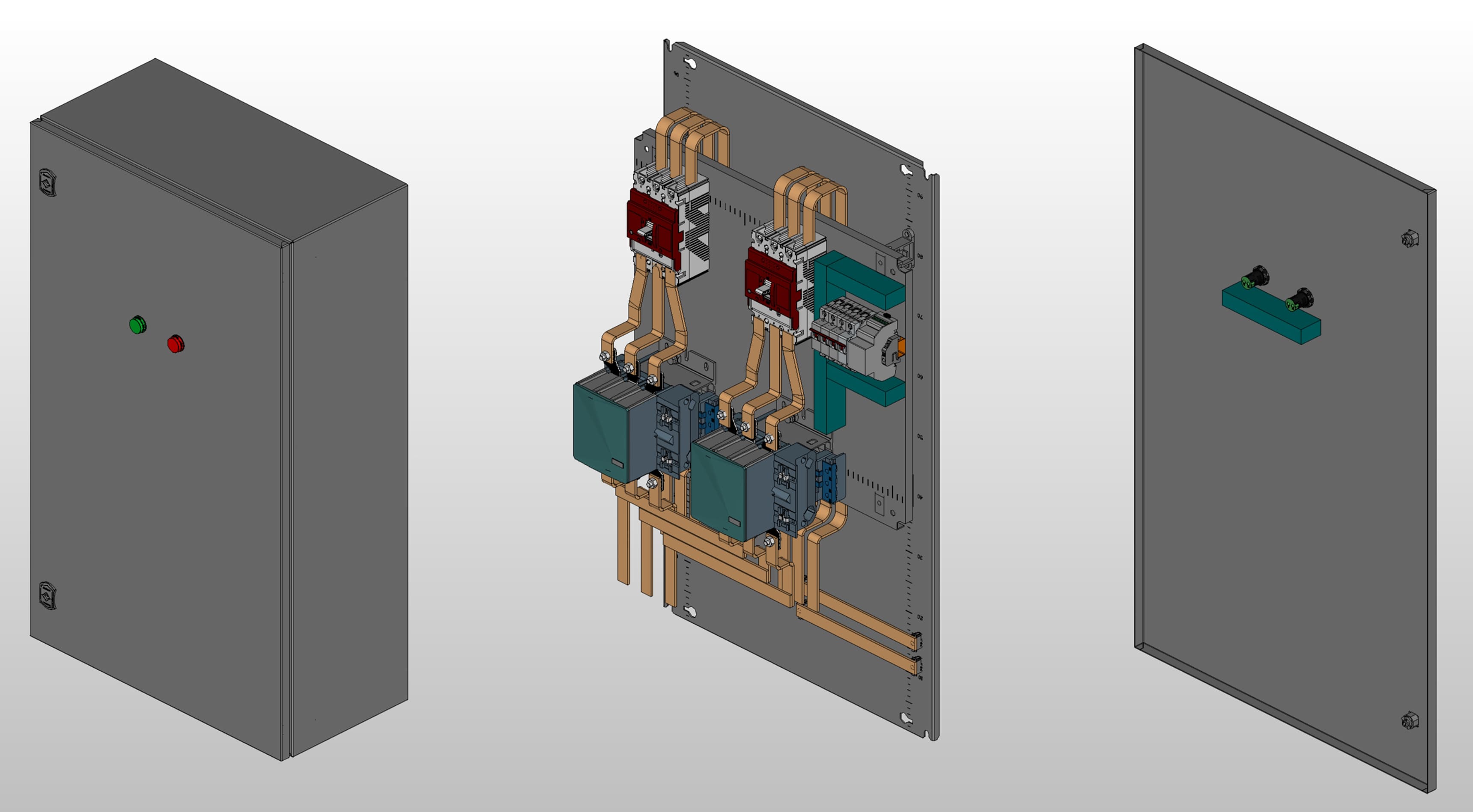 3D вид шкафа АВР на 200А, на контакторах EKF с 2 вводами