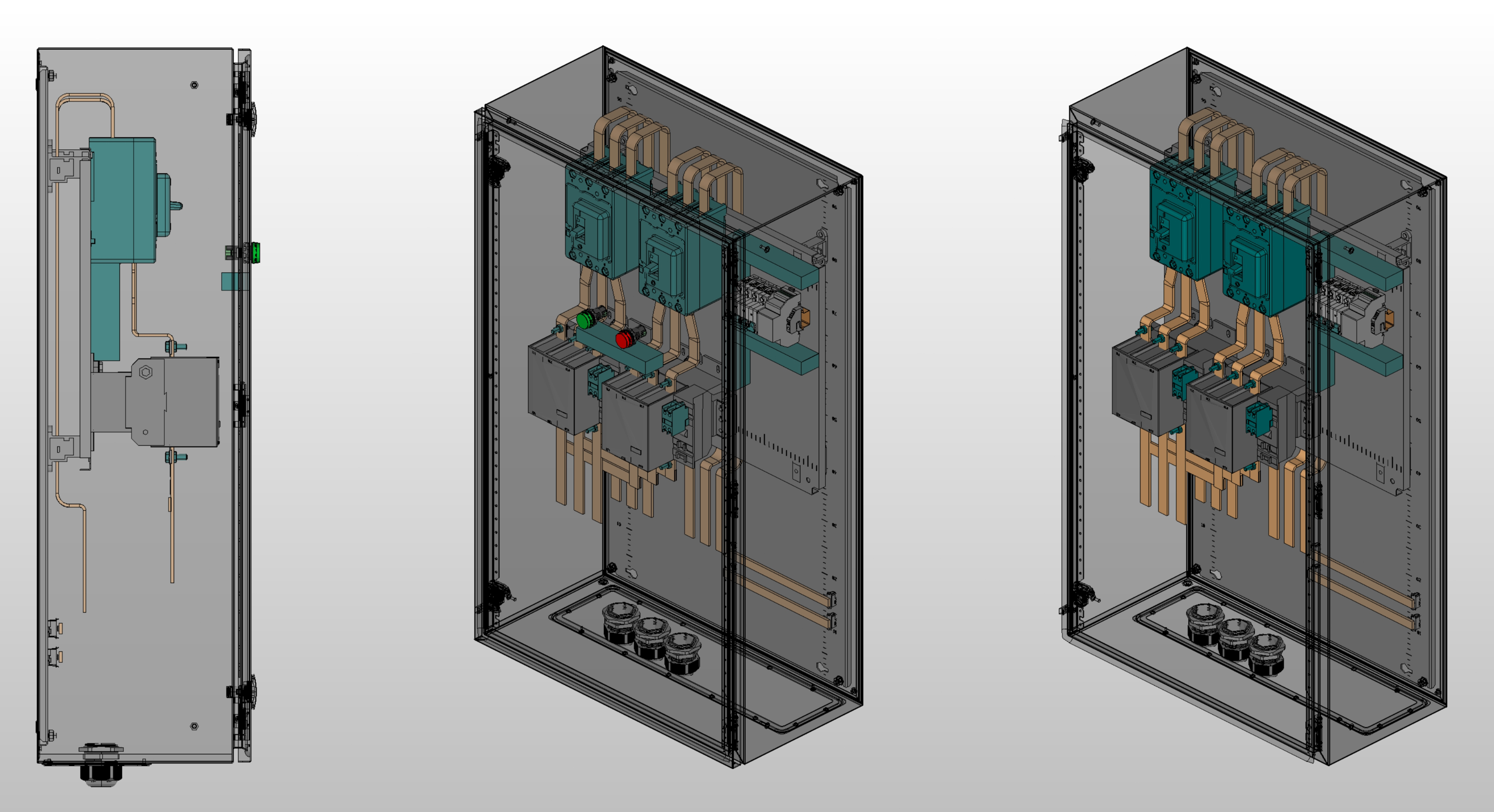 3D вид шкафа АВР на 200А, на контакторах ESQ с 2 вводами