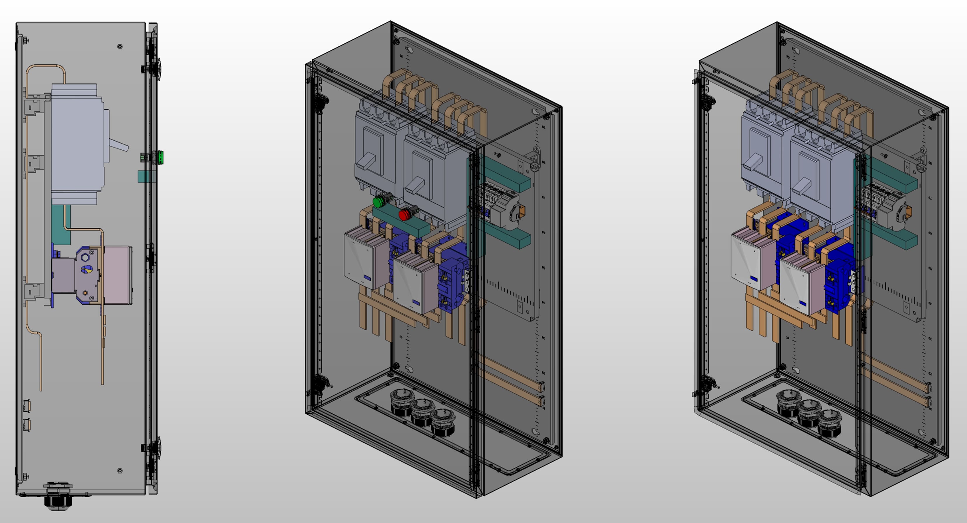 3D вид шкафа АВР на 200А, на контакторах КЭАЗ с 2 вводами
