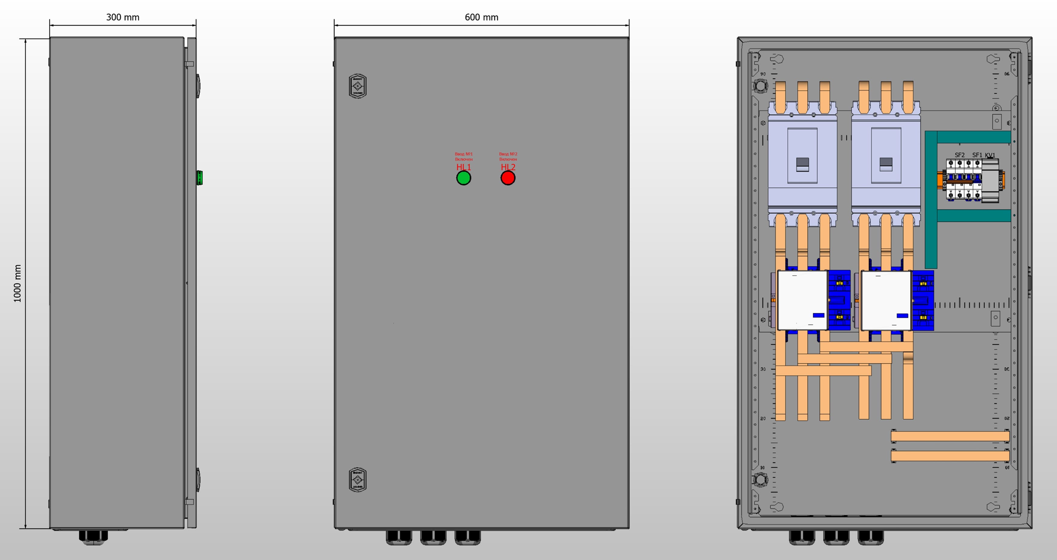 Габариты шкафа АВР на 200А, на контакторах КЭАЗ с 2 вводами