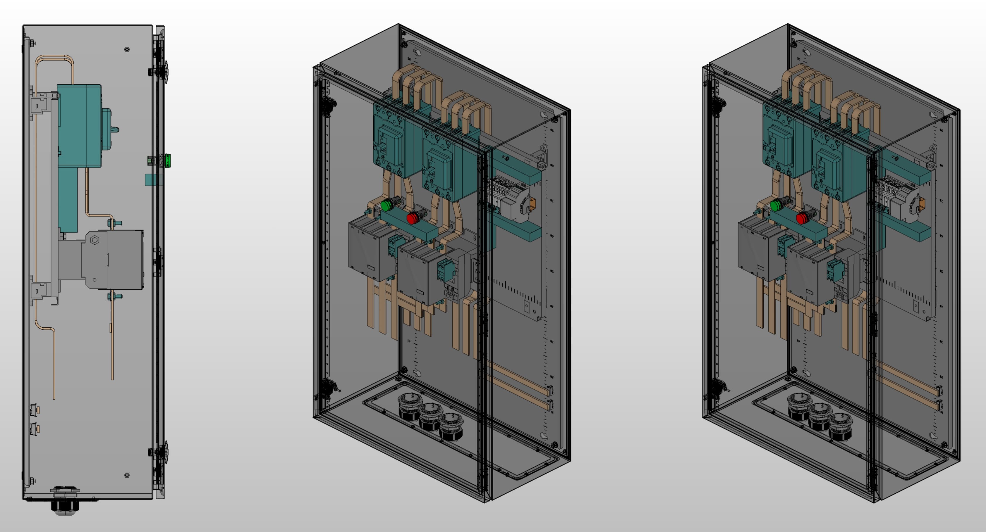 3D вид шкафа АВР на 200А, на контакторах Systeme Electric с 2 вводами