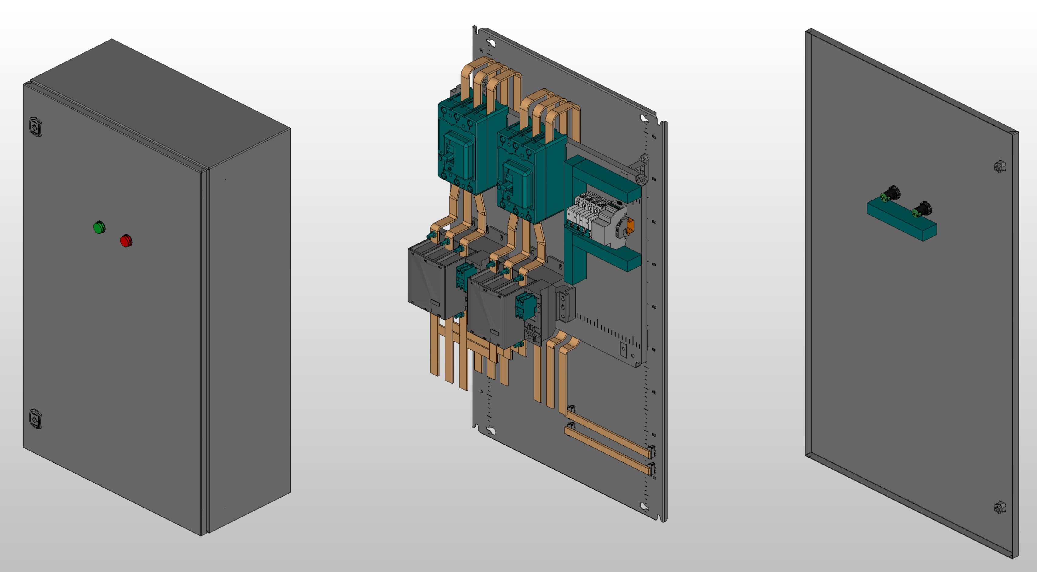3D вид шкафа АВР на 200А, на контакторах Systeme Electric с 2 вводами