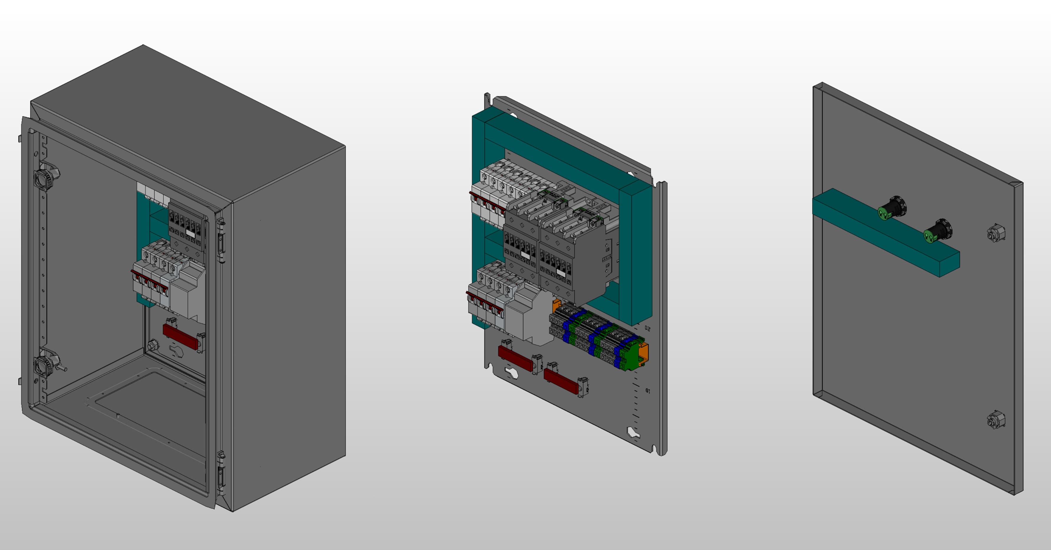 3D вид шкафа АВР на 20А, на контакторах DKC с 2 вводами