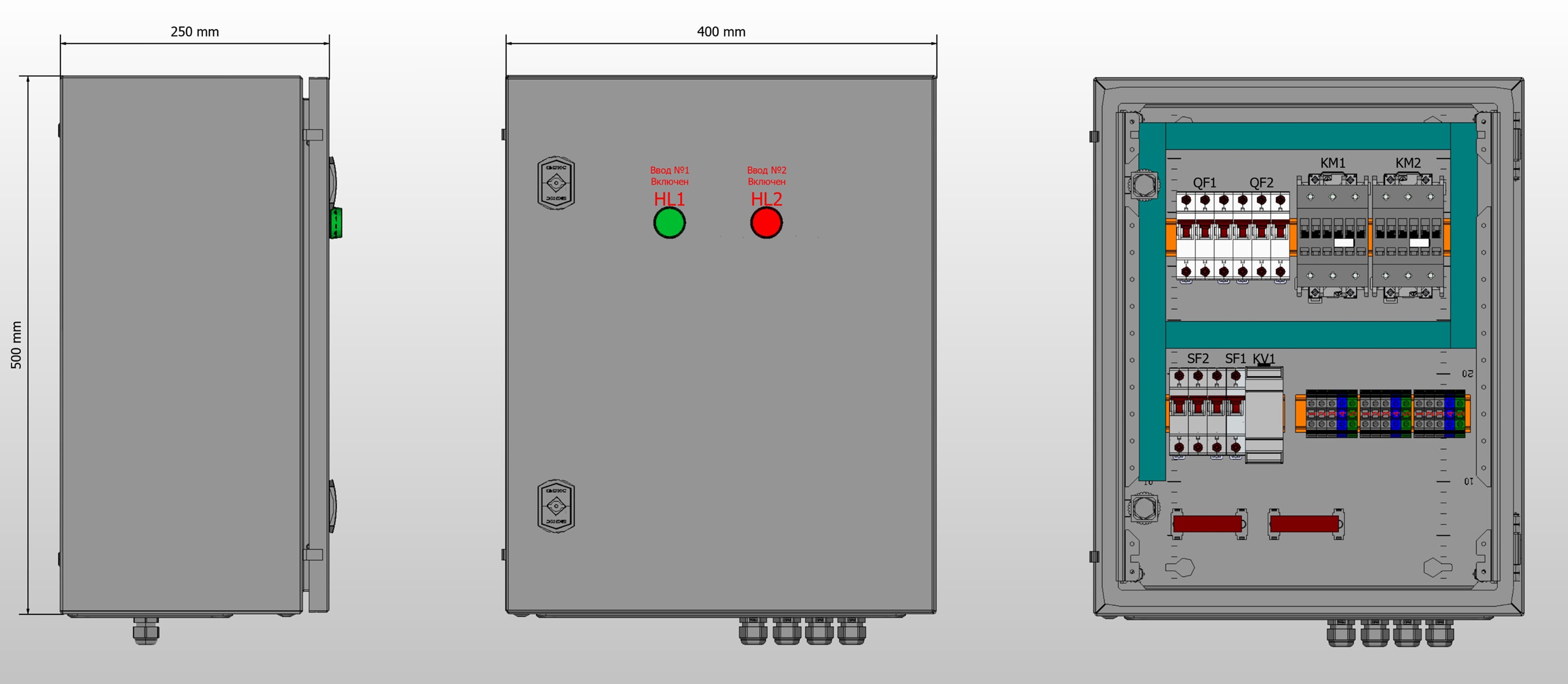 Габариты шкафа АВР на 20А, на контакторах DKC с 2 вводами