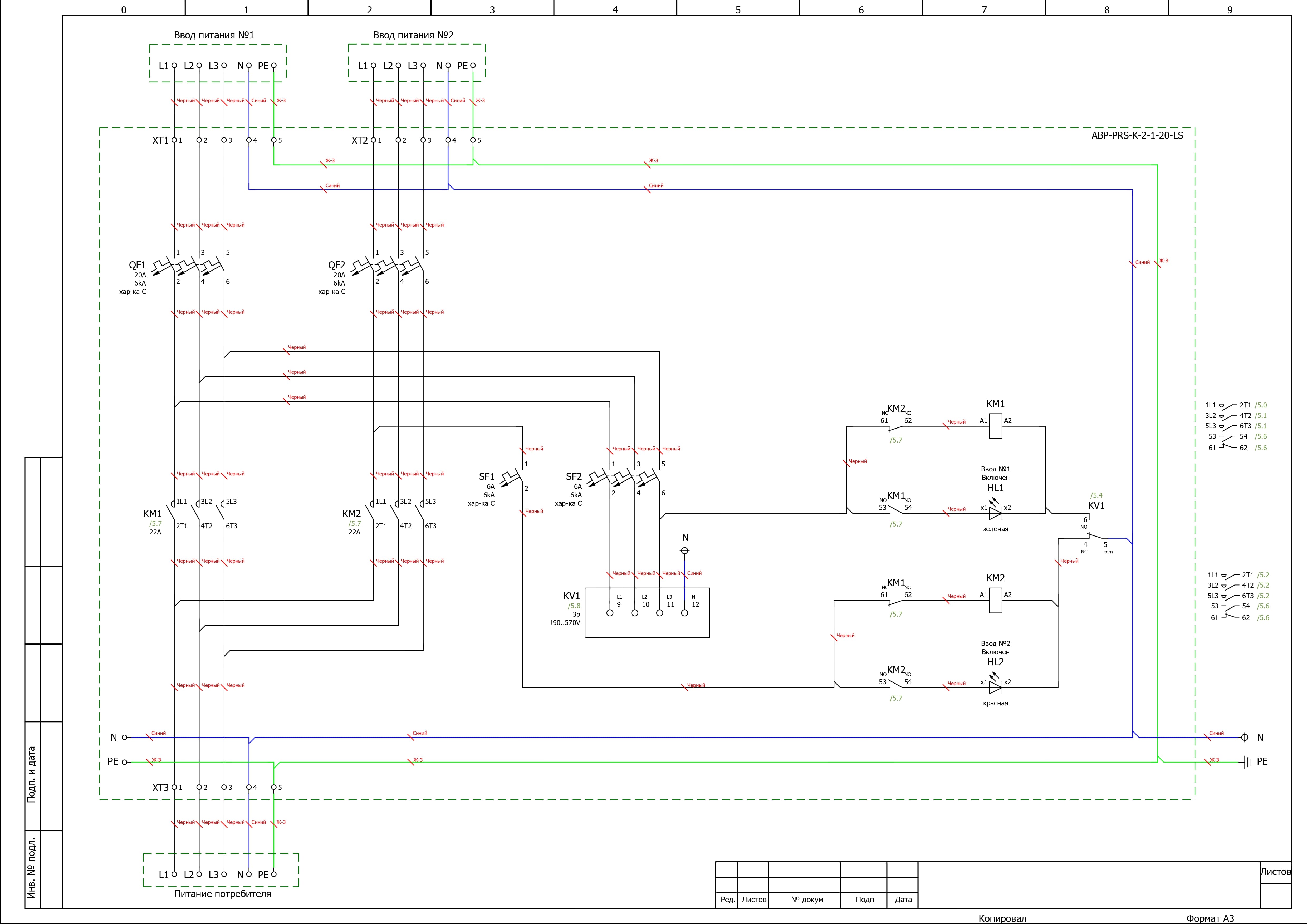 Электрическая схема шкафа АВР на 20А, на контакторах LS, 2 ввода