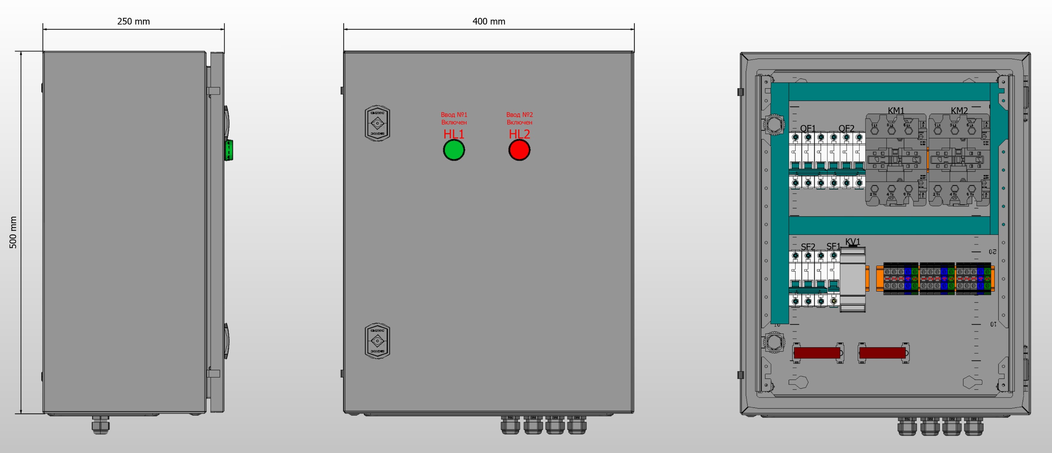 Габариты шкафа АВР на 20А, на контакторах Systeme Electric с 2 вводами