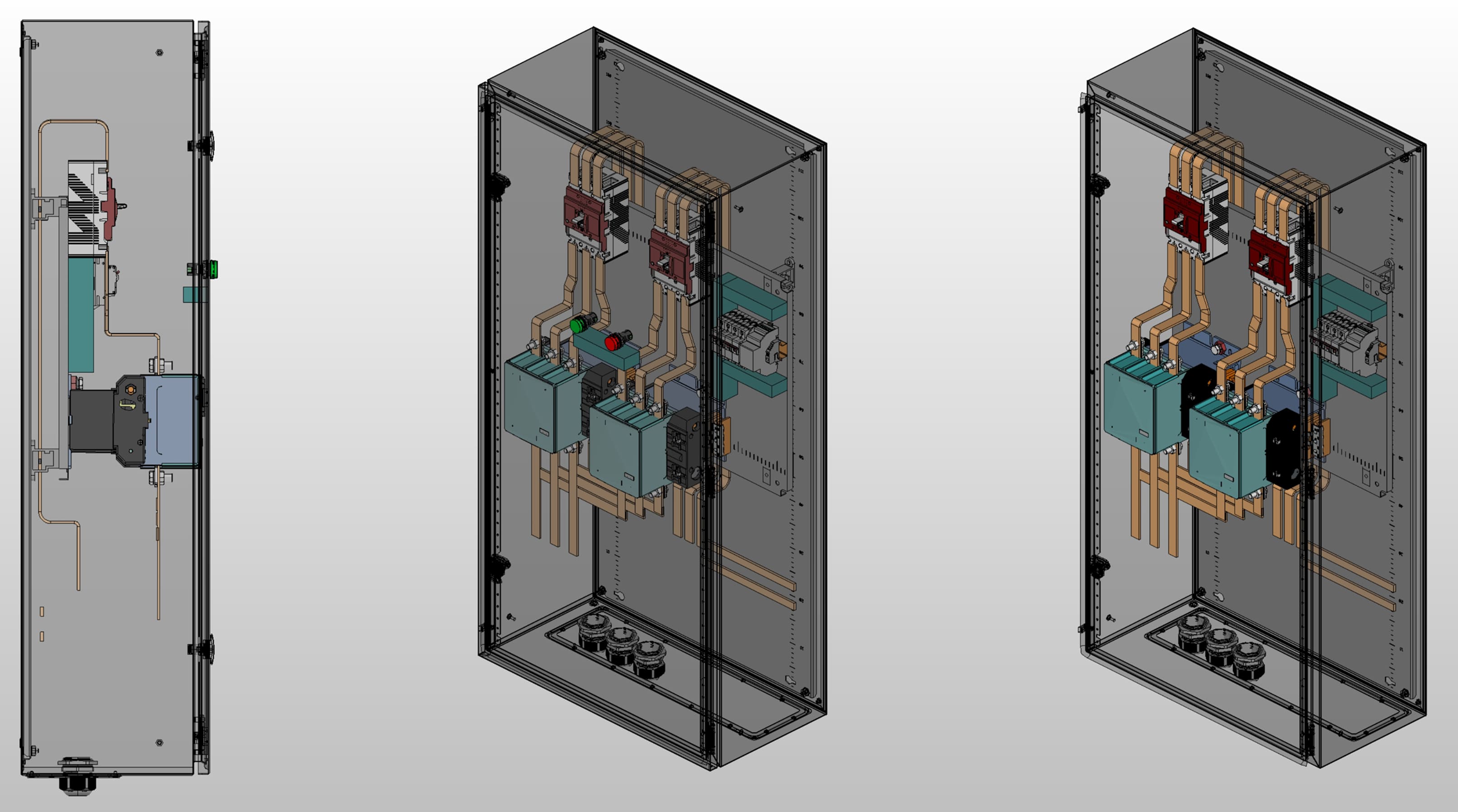 3D вид шкафа АВР на 250А, на контакторах EKF с 2 вводами