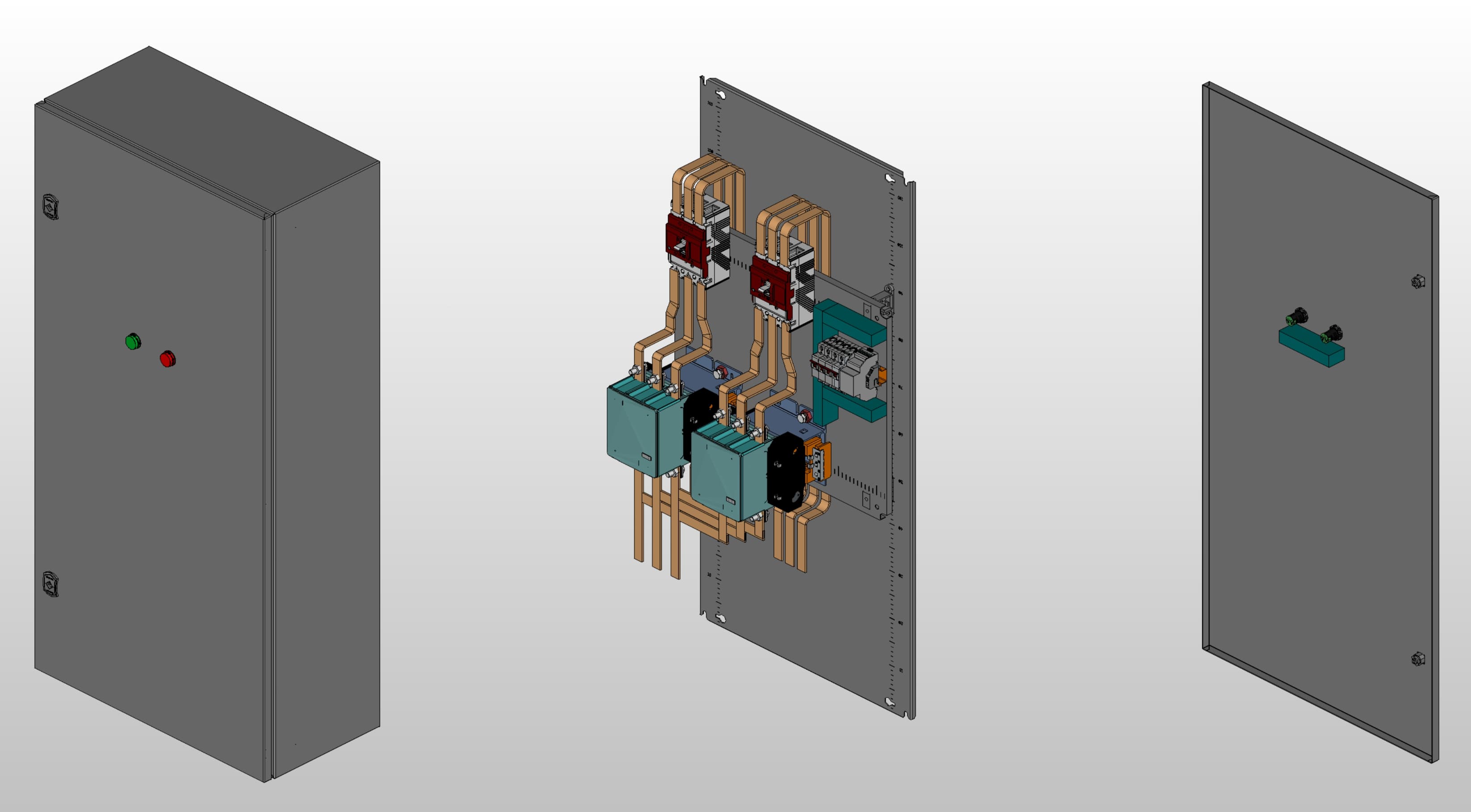 3D вид шкафа АВР на 250А, на контакторах EKF с 2 вводами