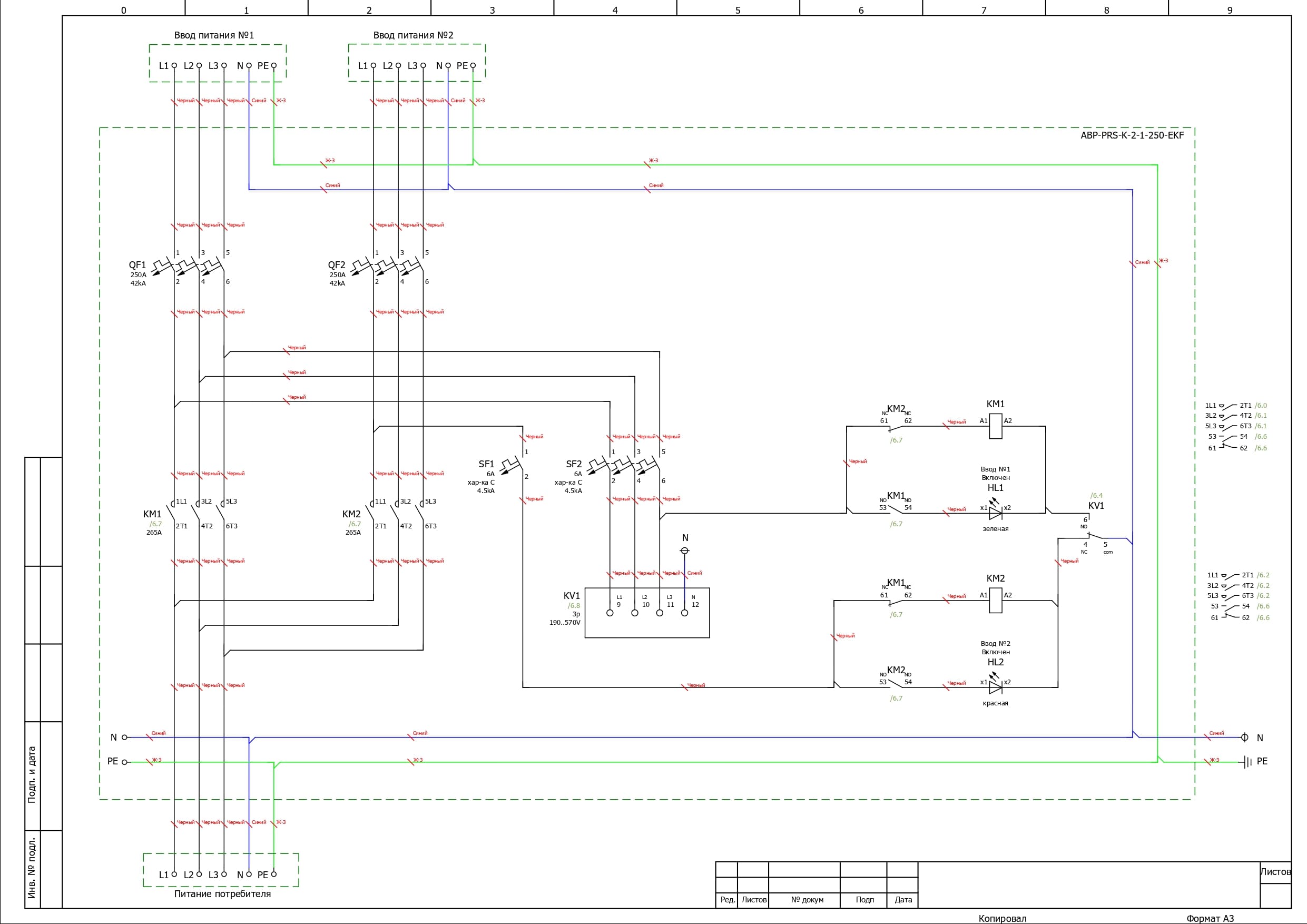Электрическая схема шкафа АВР на 250А, на контакторах EKF, 2 ввода