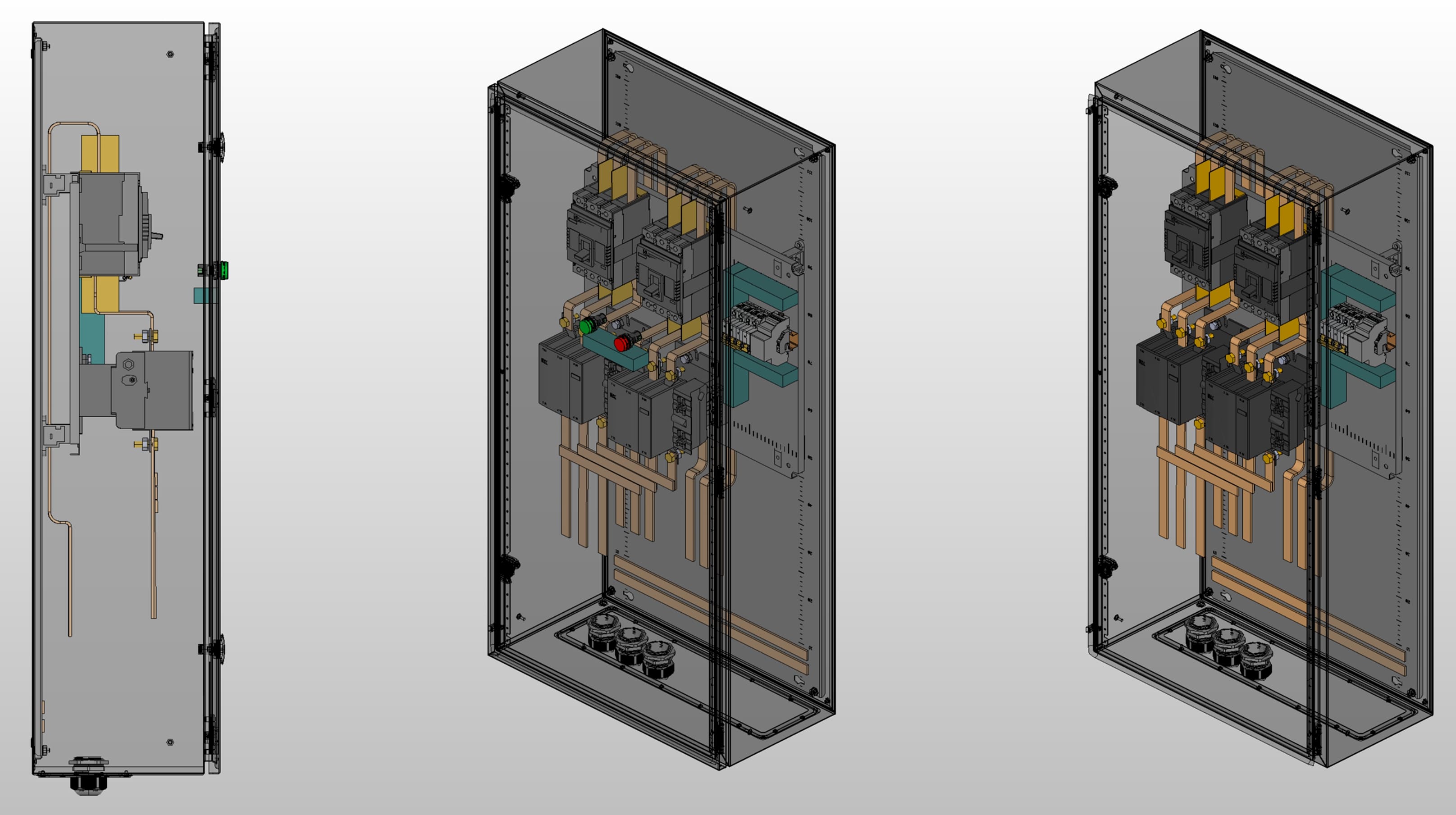 3D вид шкафа АВР на 250А, на контакторах IEK с 2 вводами