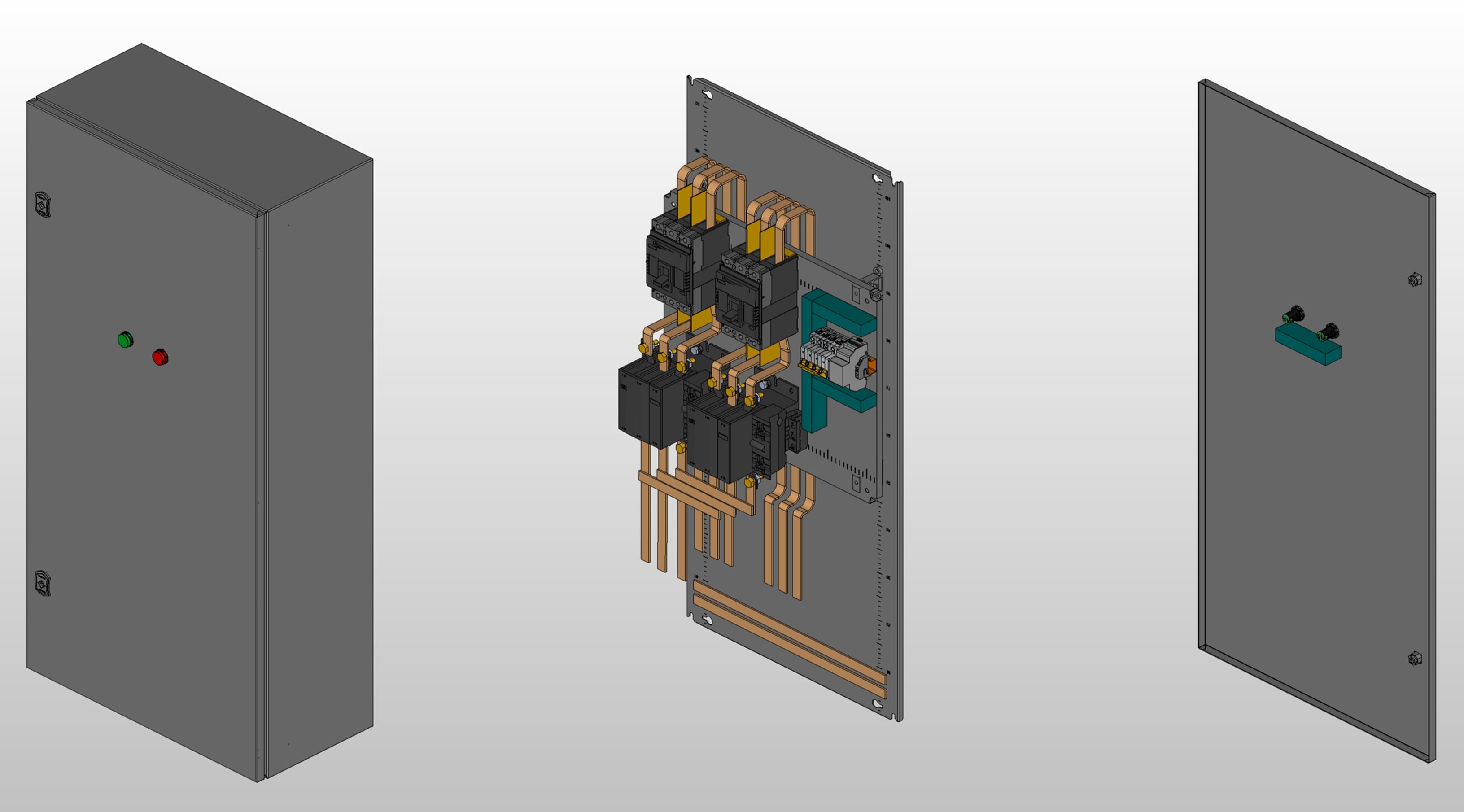 3D вид шкафа АВР на 250А, на контакторах IEK с 2 вводами