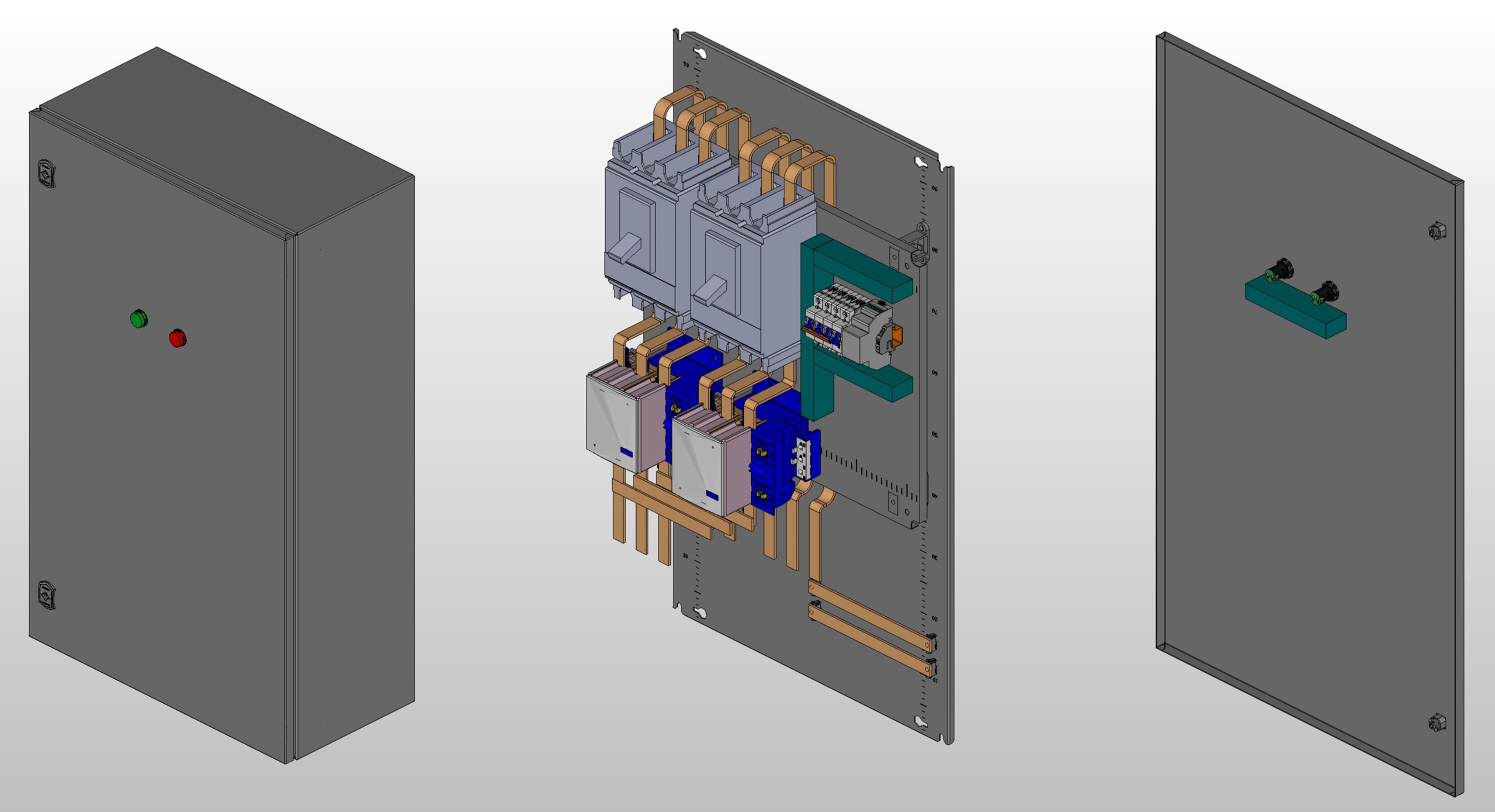 3D вид шкафа АВР на 250А, на контакторах КЭАЗ с 2 вводами