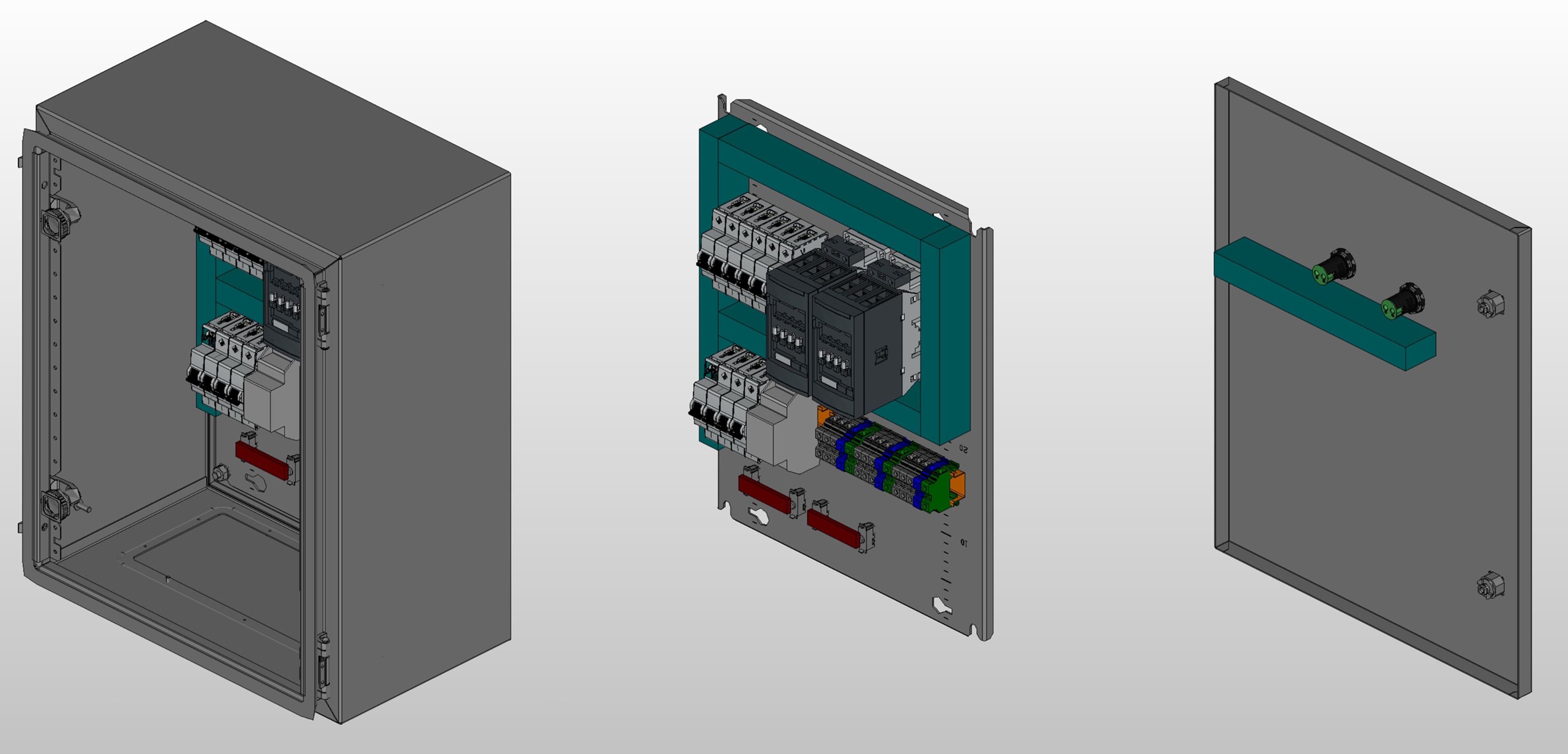 3D вид шкафа АВР на 25А, на контакторах ABB с 2 вводами